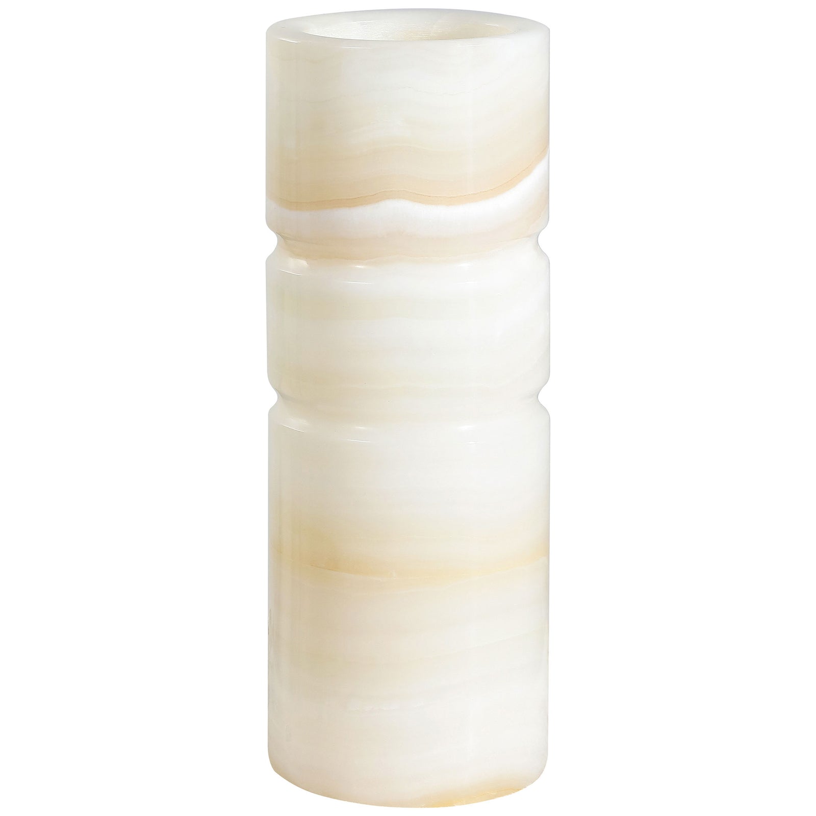 A sculptural ivory stone vase pairs rounded tiers with delicate cream and honey veining || RDC4026A || front_studio