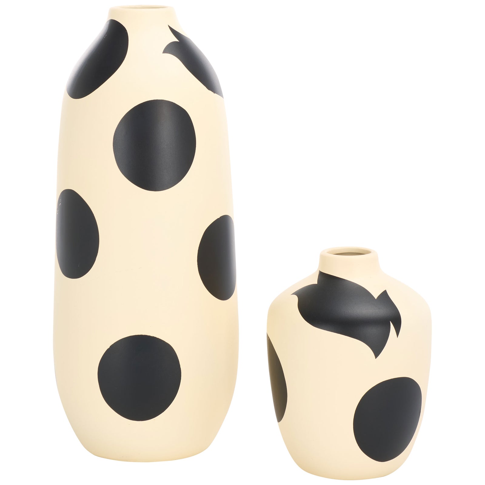 Two cream ceramic vases pair a tall tapered form with a petite rounded form and bold black spots. || RDC4027A-SET2 || front_studio