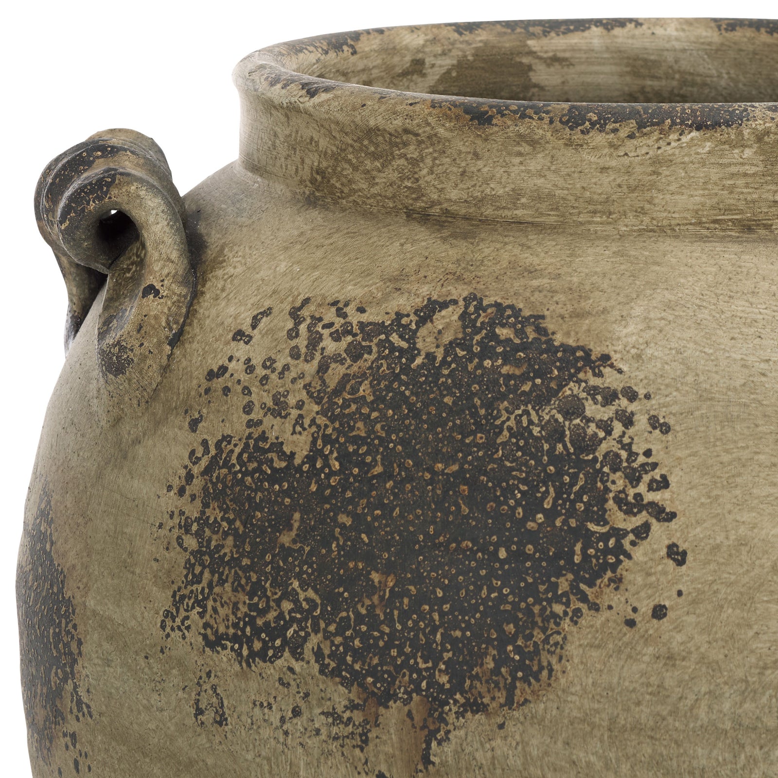 Weathered terracotta features a thick rolled rim, curled handle, and dark mottled patches. || RDC4029A-SET2 || detail_studio