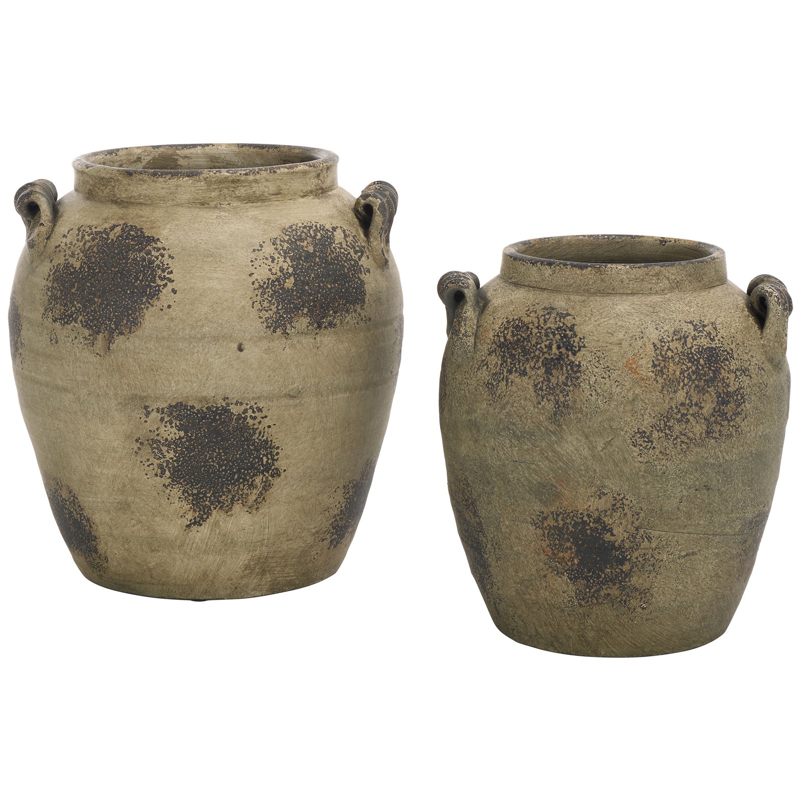 A pair of weathered gray terracotta vases combines rounded bodies, loop handles, and dark mottled accents. || RDC4029A-SET2 || front_studio