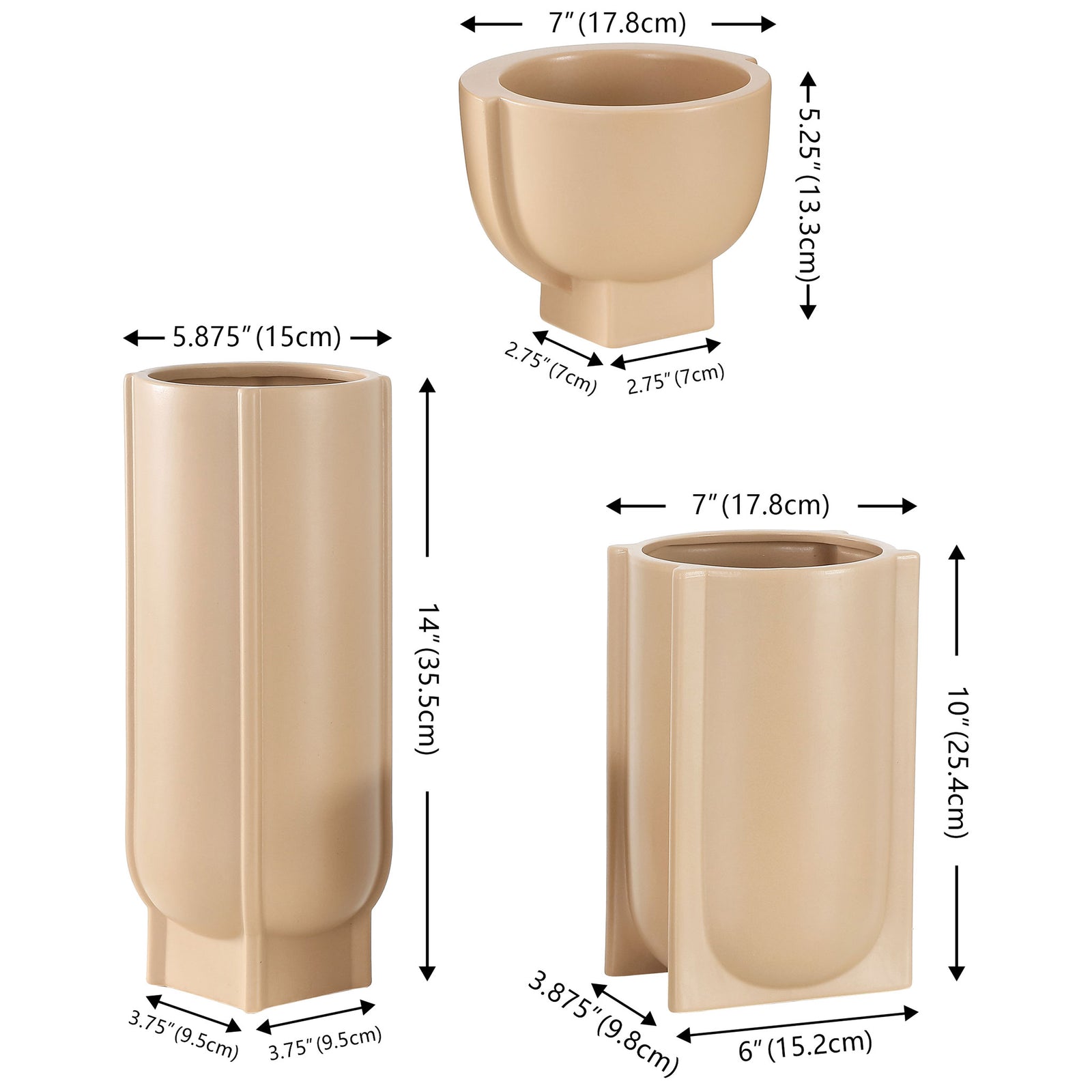 Three taupe ceramic vases range from 5.25 to 14 inches tall for a layered display. || RDC4030A-SET3 || dimension_studio