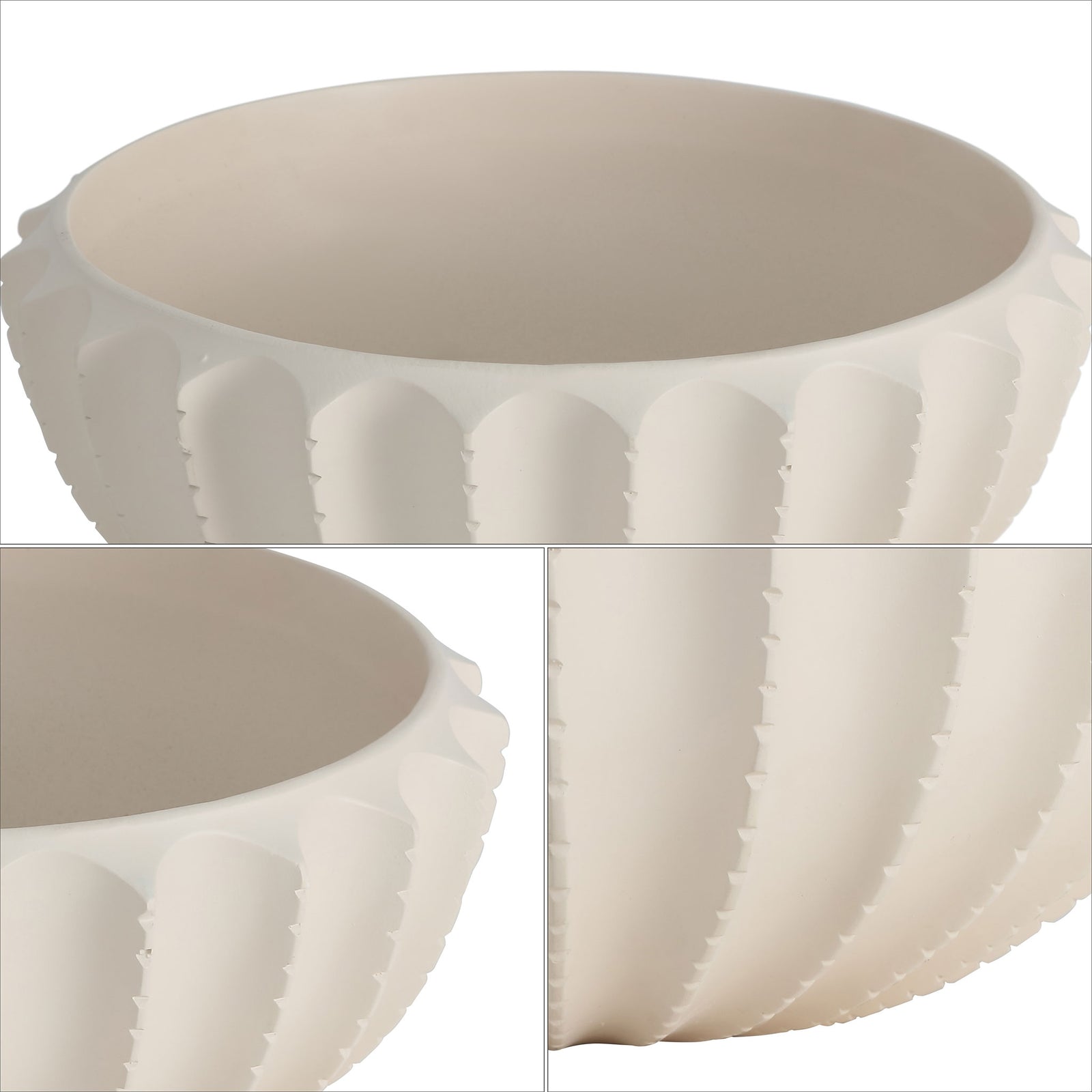 Sculpted scallops wrap the cream resin bowl, adding texture around its smooth interior || RDC4033A || detail_studio