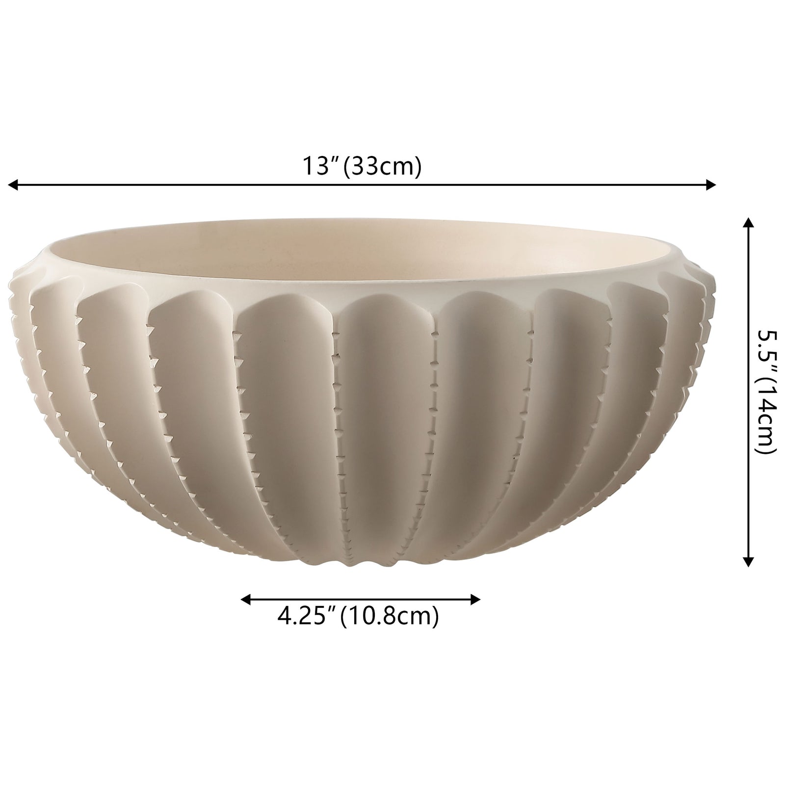 Cream resin bowl measures 13 inches wide and 5.5 inches high, with a scalloped profile || RDC4033A || dimension_studio