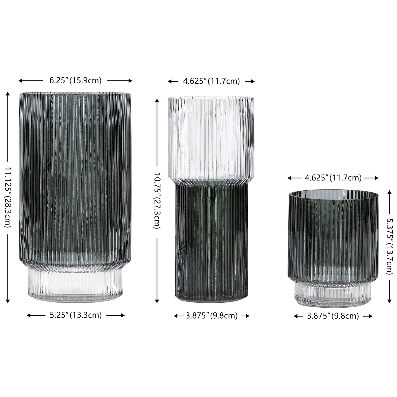 Three blue-gray fluted glass vases in varying heights offer versatile options for floral displays. || RDC4034A-SET3 || dimension_studio