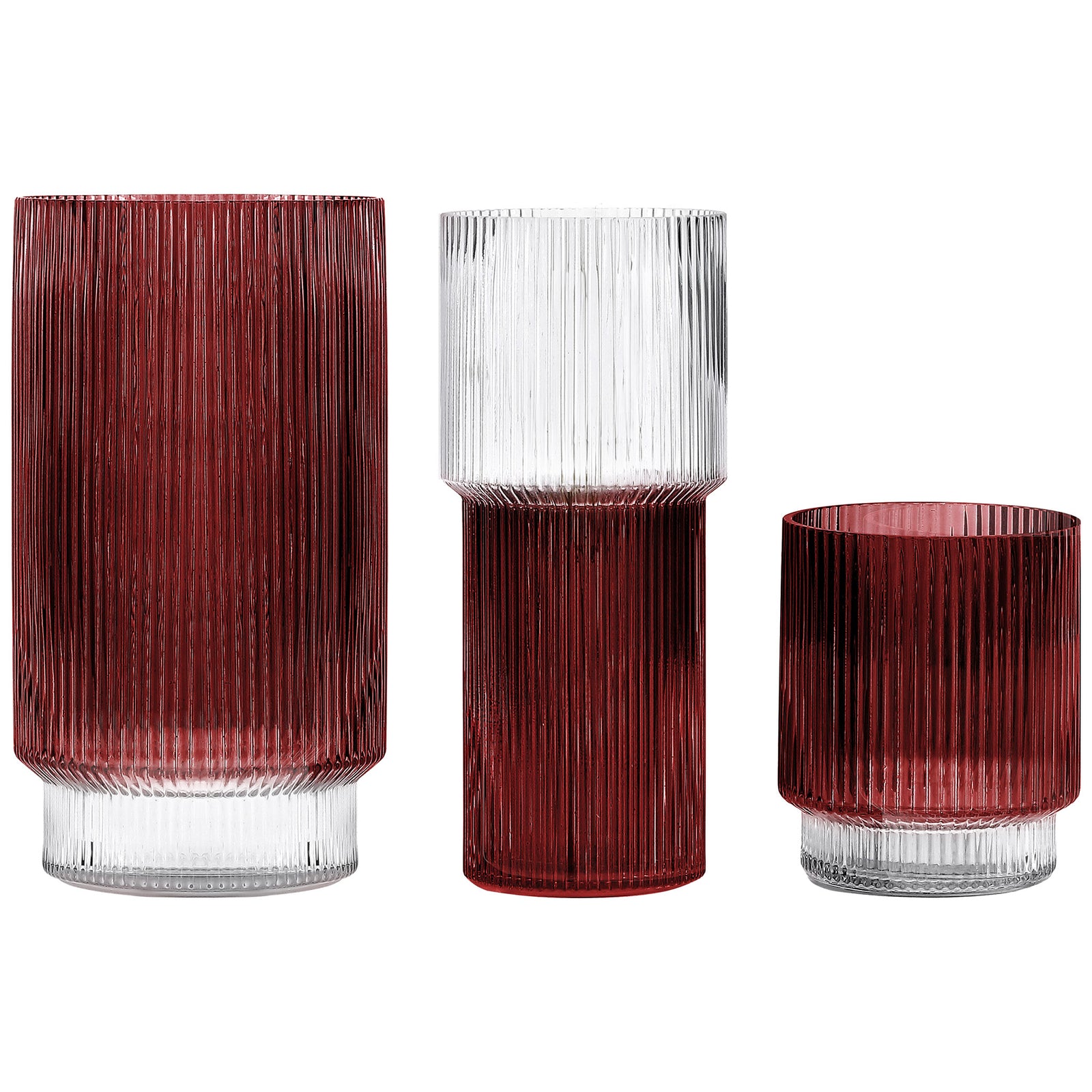 Three cranberry glass vases combine sculptural heights, fine fluting and contrasting clear sections. || RDC4034B-SET3 || front_studio