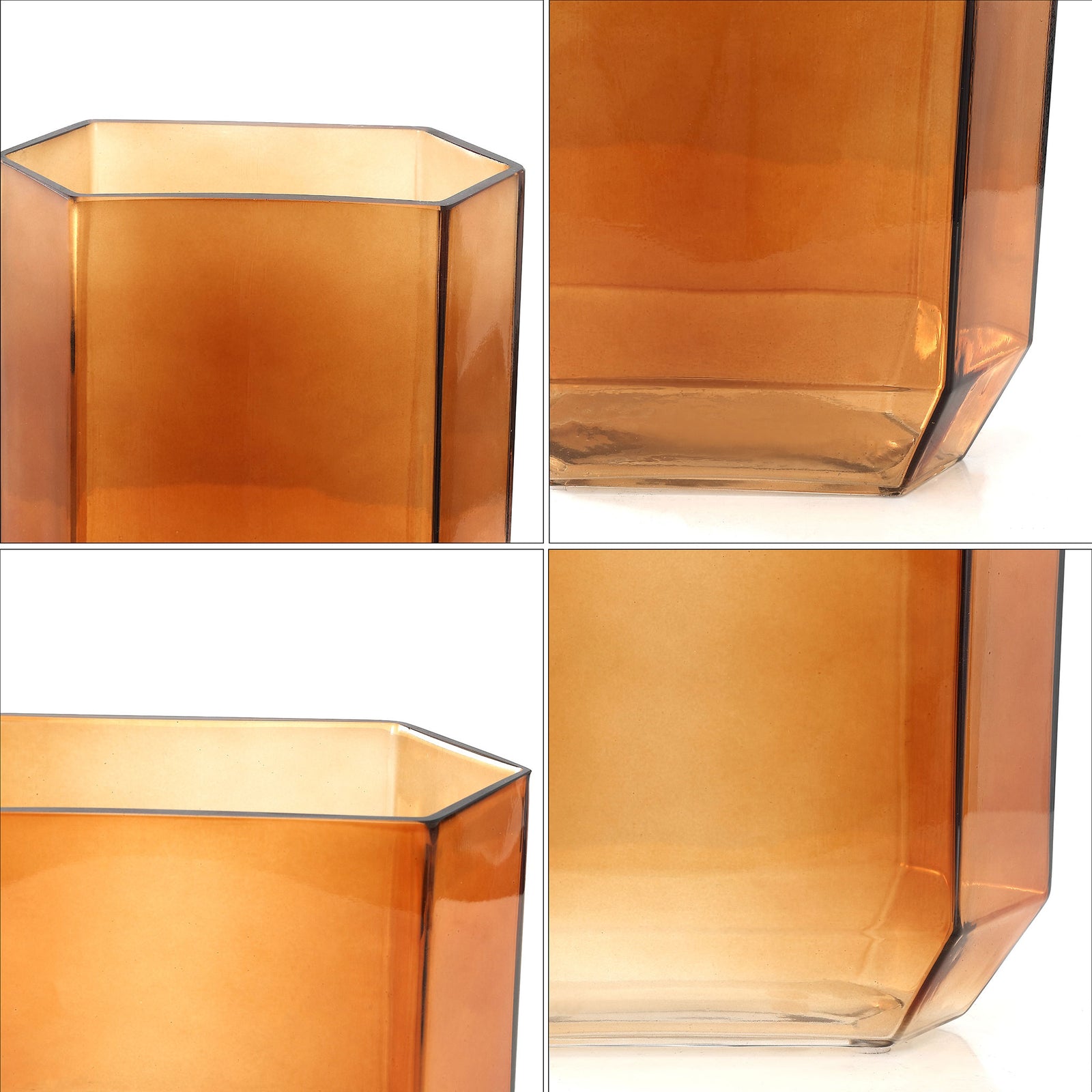 Crisp rims, faceted walls, and angled bases define the warm orange glass vases. || RDC4035B-SET2 || detail_studio