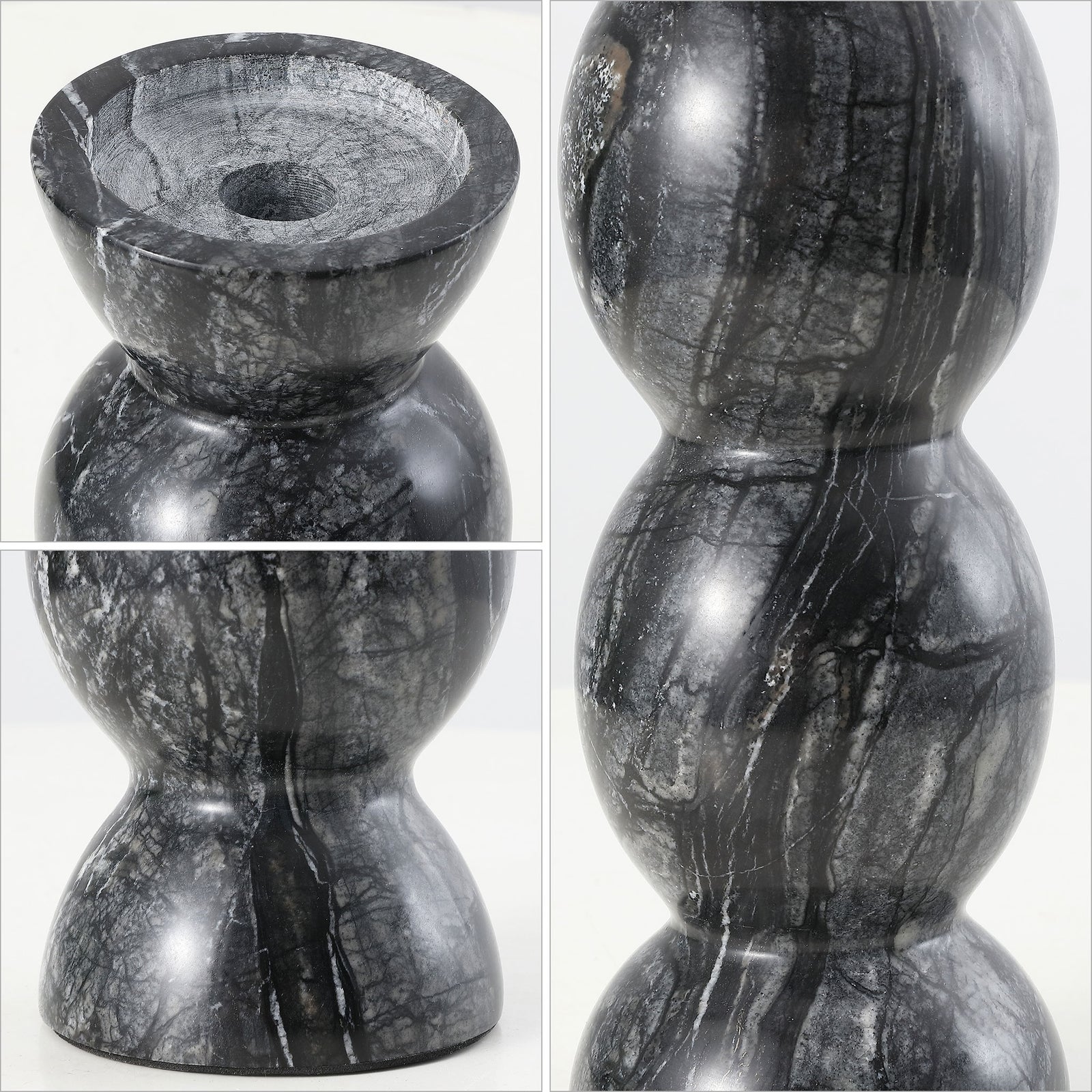 Polished dark gray marble shows white veining, rounded curves, and a recessed candle cup. || RDC4037A-SET2 || detail_studio