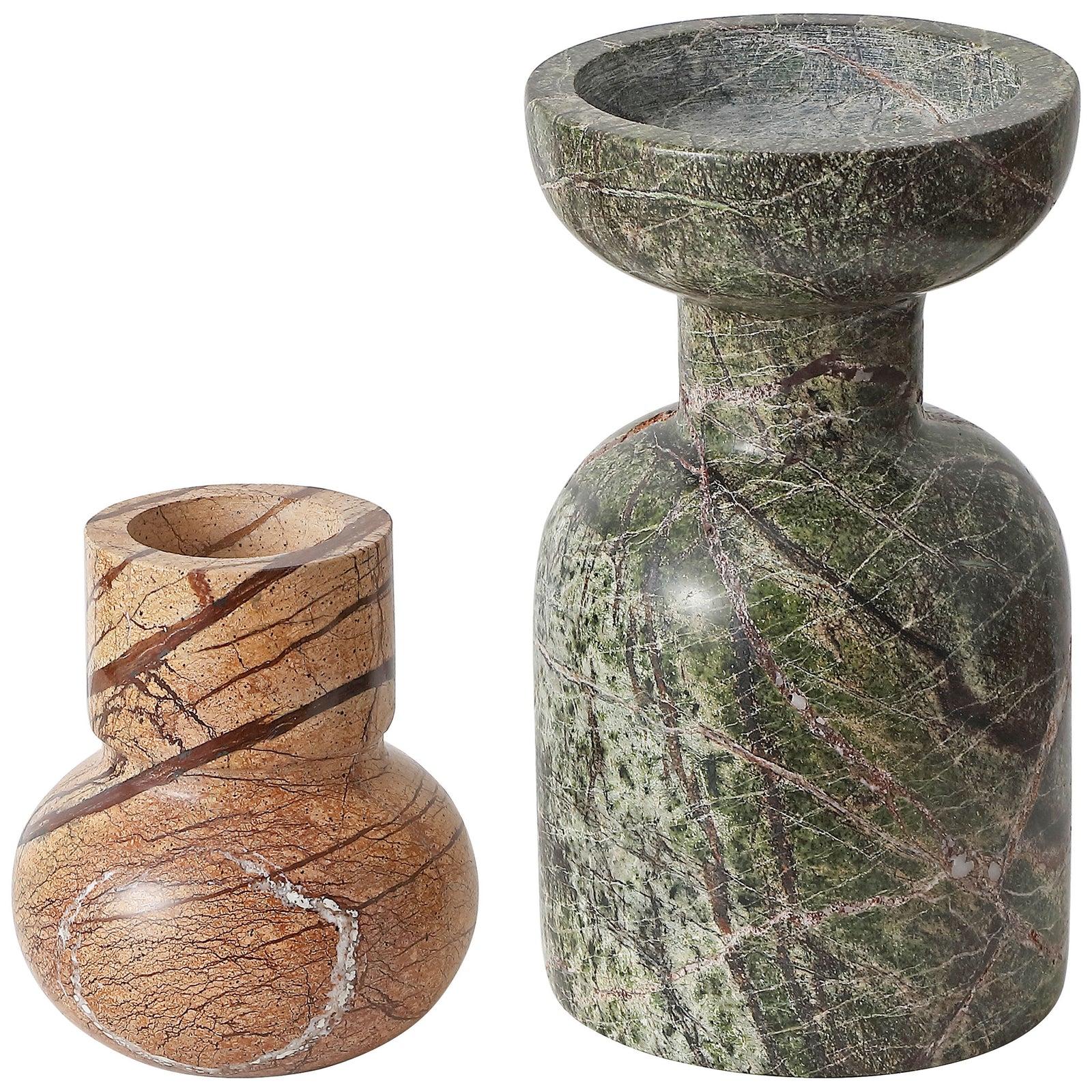 Recessed candle wells and richly veined green and tan marble give the two holders distinct silhouettes. || RDC4038A-SET2 || front_angle_studio