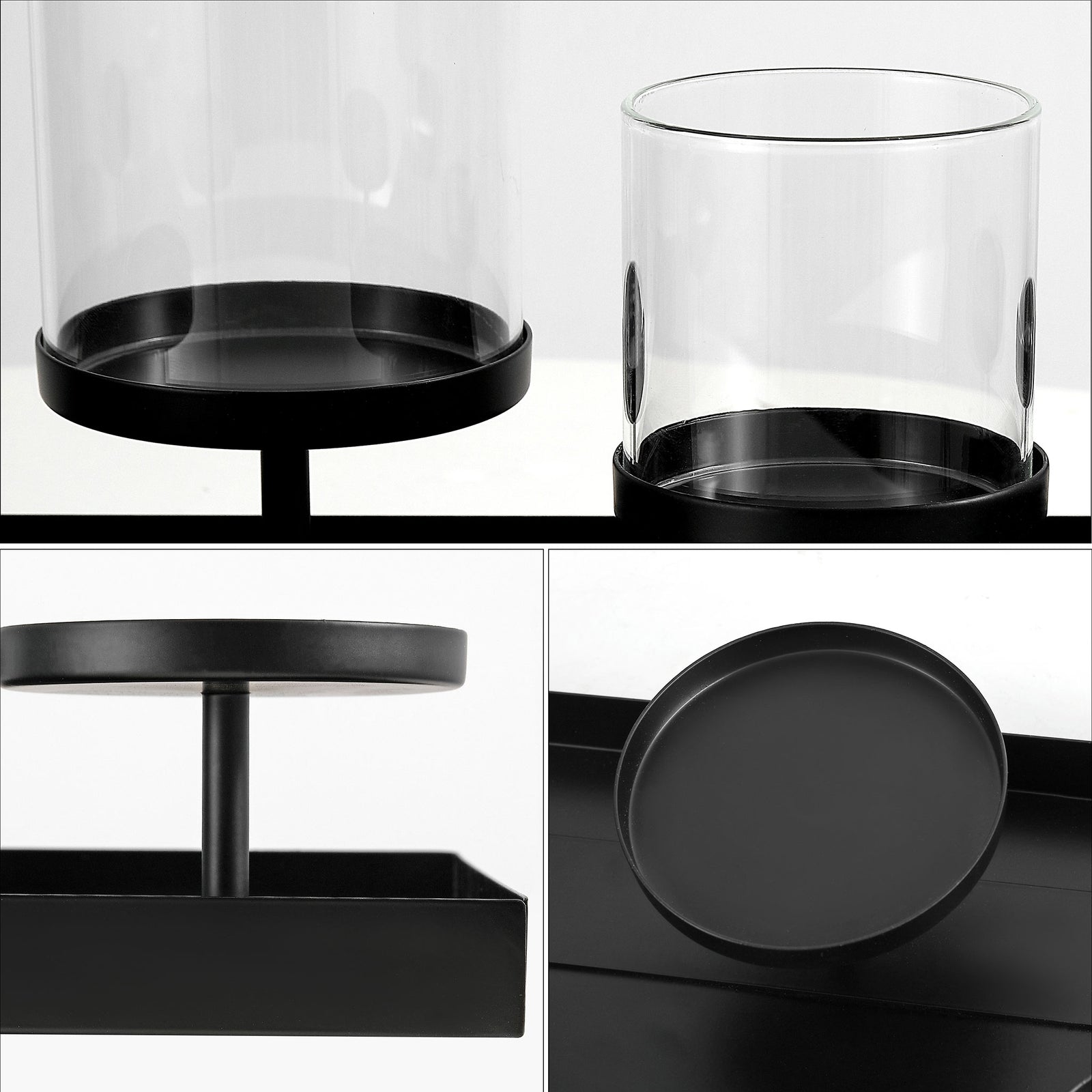 Clear glass cylinders and round black iron holders bring layered texture to the candle centerpiece. || RDC4040A || detail_studio