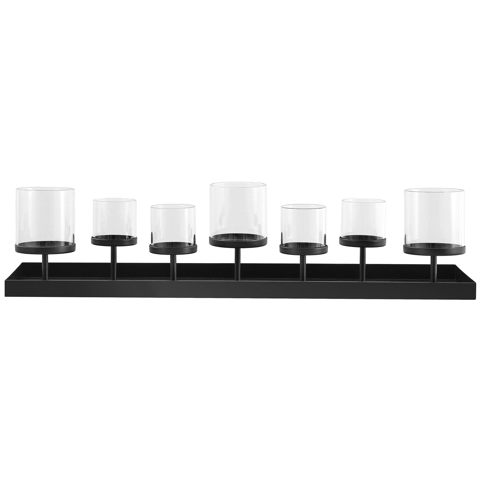 Seven clear glass candle cups stand at varied heights above a sleek, rectangular black iron base. || RDC4040A || front_studio