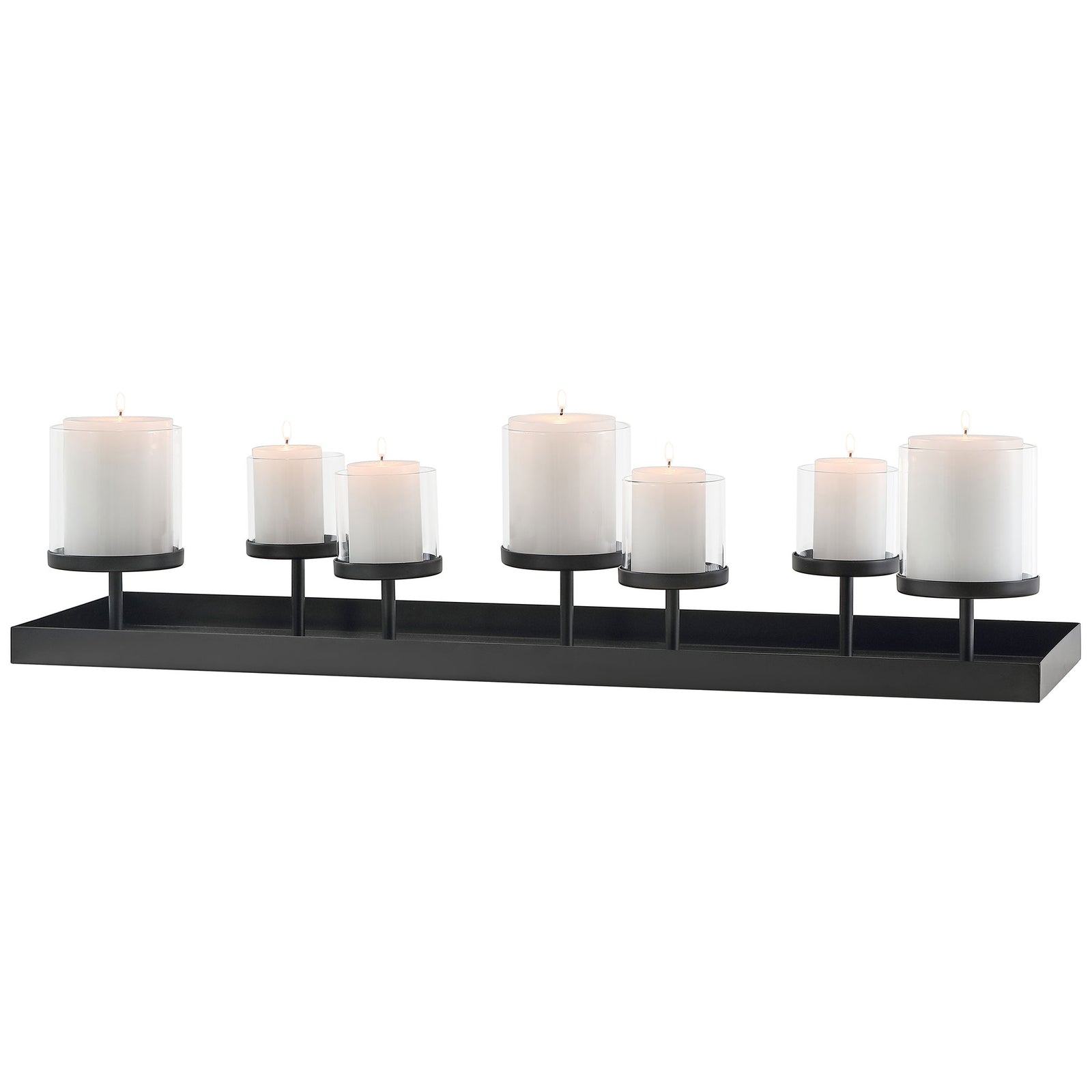 Lit white candles glow through clear glass cups above the long black iron base. || RDC4040A || front_angle_studio