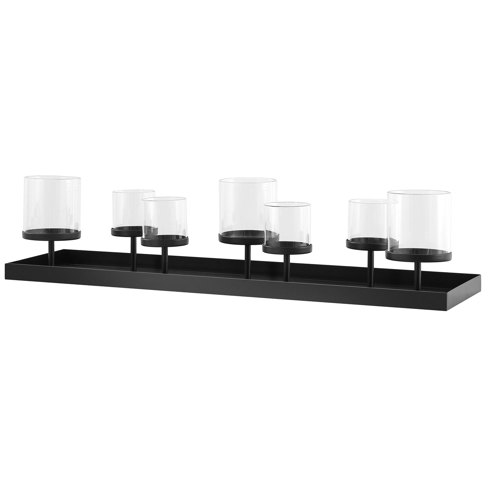 Alternating glass candle cups on slim iron stems give the long black tray a sculptural profile. || RDC4040A || front_angle_studio