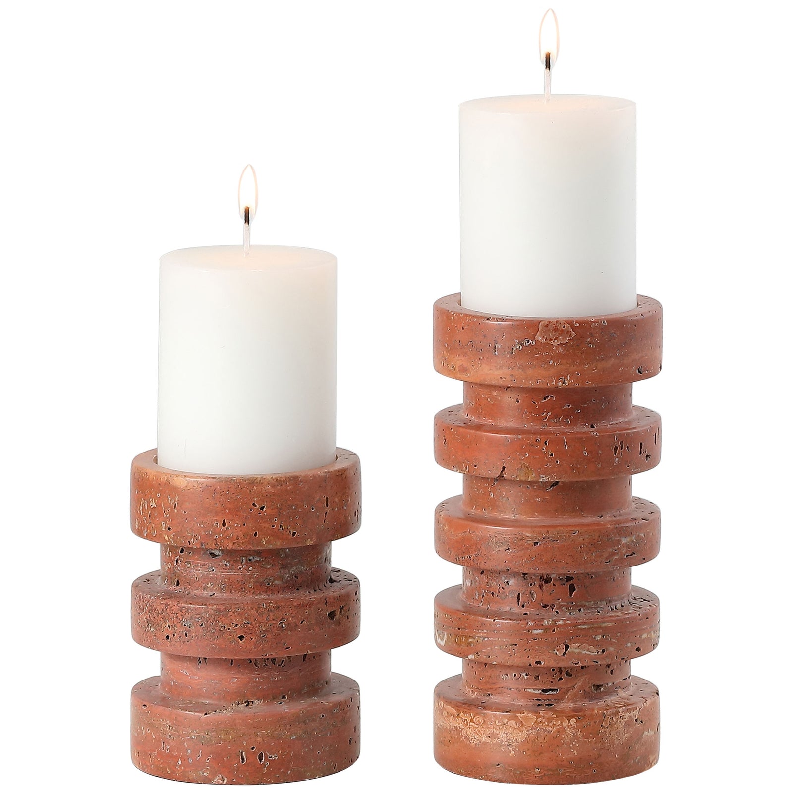 Two rust-orange, stacked-ring holders support glowing white pillar candles. || RDC4043A-SET2 || front_studio