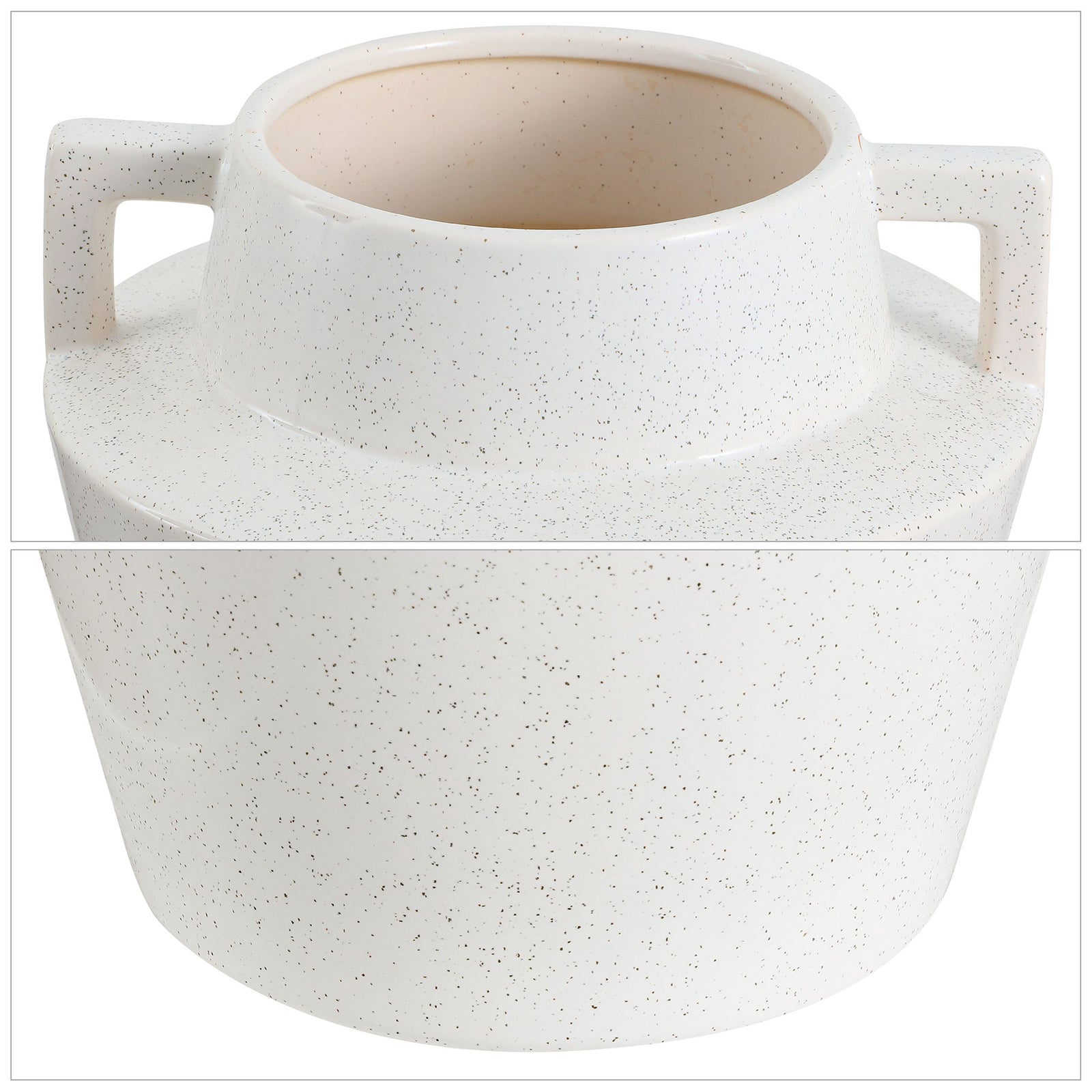Fine speckles accent the cream ceramic vase's wide body, raised neck, and geometric handles || RDC4044A || detail_studio