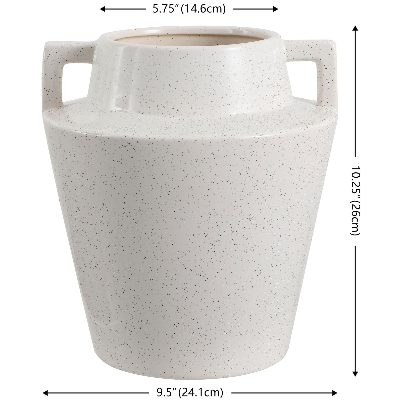 A 10.25-inch-tall cream ceramic vase measures 9.5 inches wide and features squared handles || RDC4044A || dimension_studio