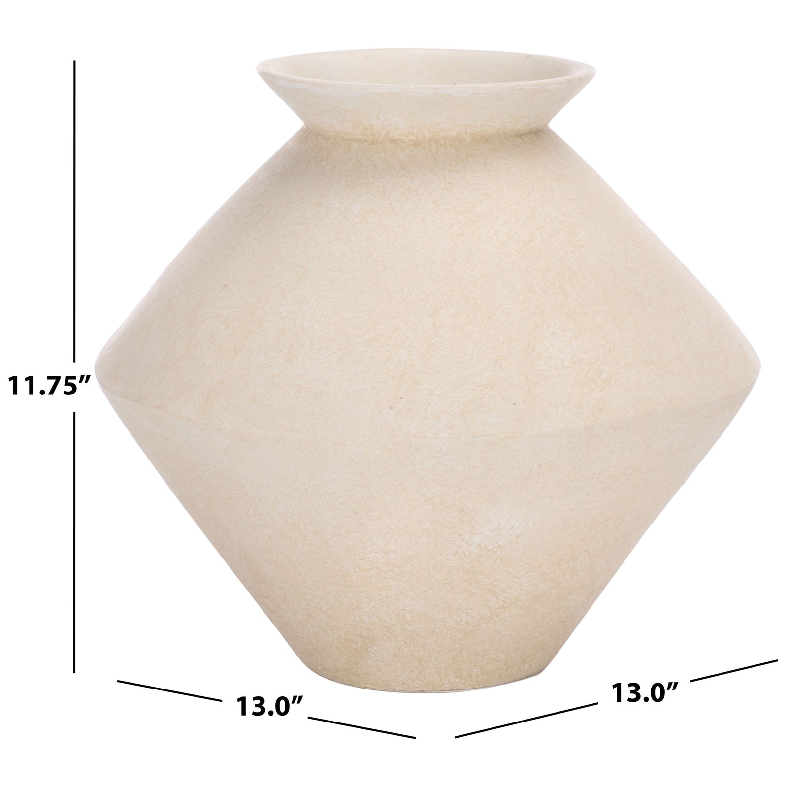 Cream vase measures 13 inches across and 11.75 inches tall, with a wide angular body || RDC4045A || dimension_studio
