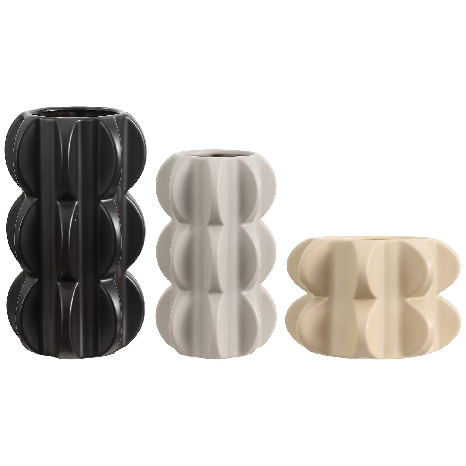 Three black, gray, and sand ceramic vases feature varied heights and bold, undulating curves. || RDC4048A-SET3 || front_studio