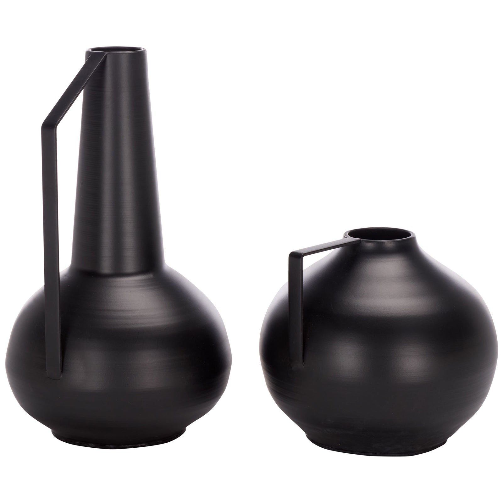 Tall and rounded iron vases in satin black pair sculptural shapes with angular handles || RDC4050A-SET2 || front_studio