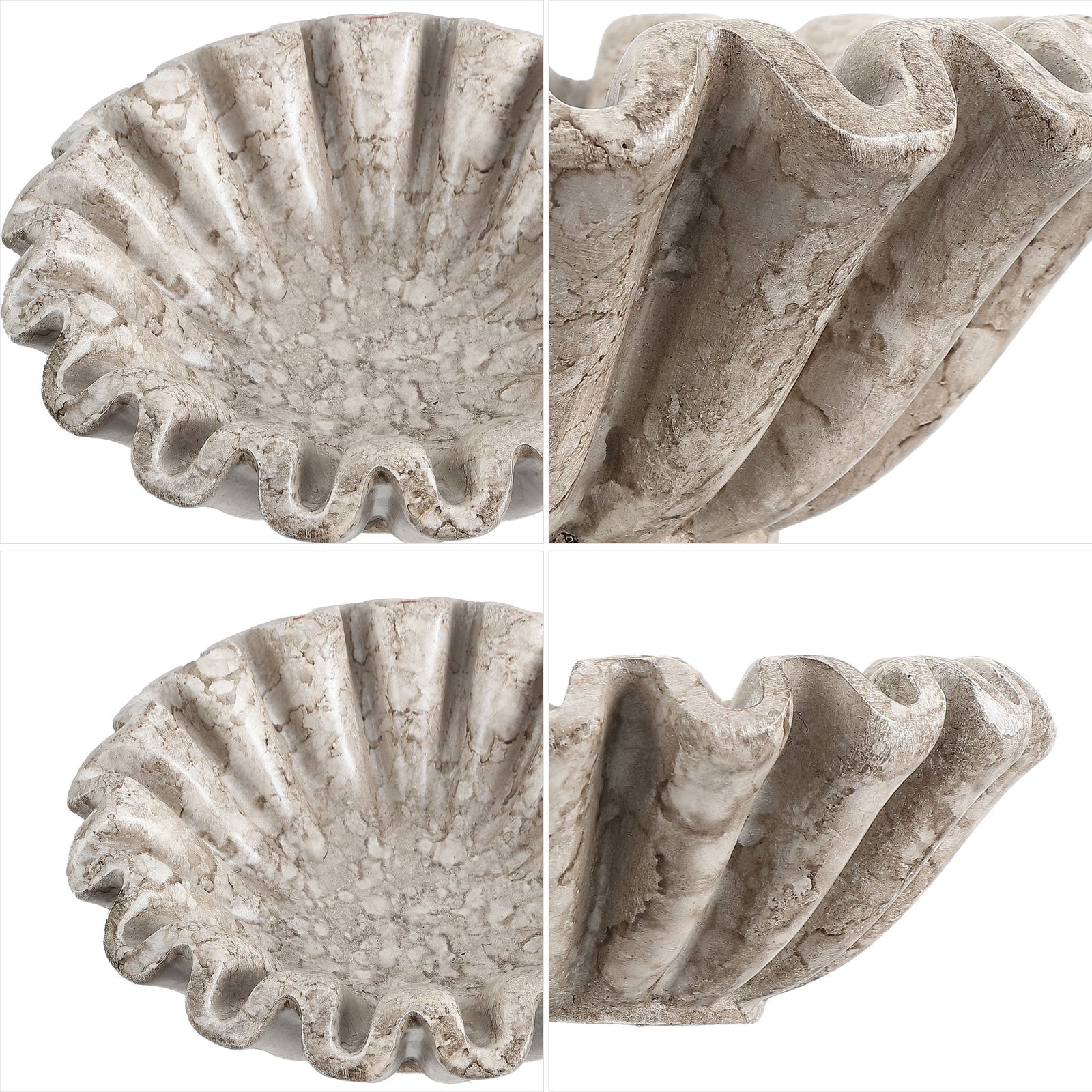 Mottled beige and gray resin bowls showcase deep fluting, marbled interiors and softly rippled rims. || RDC4052A-SET2 || detail_studio