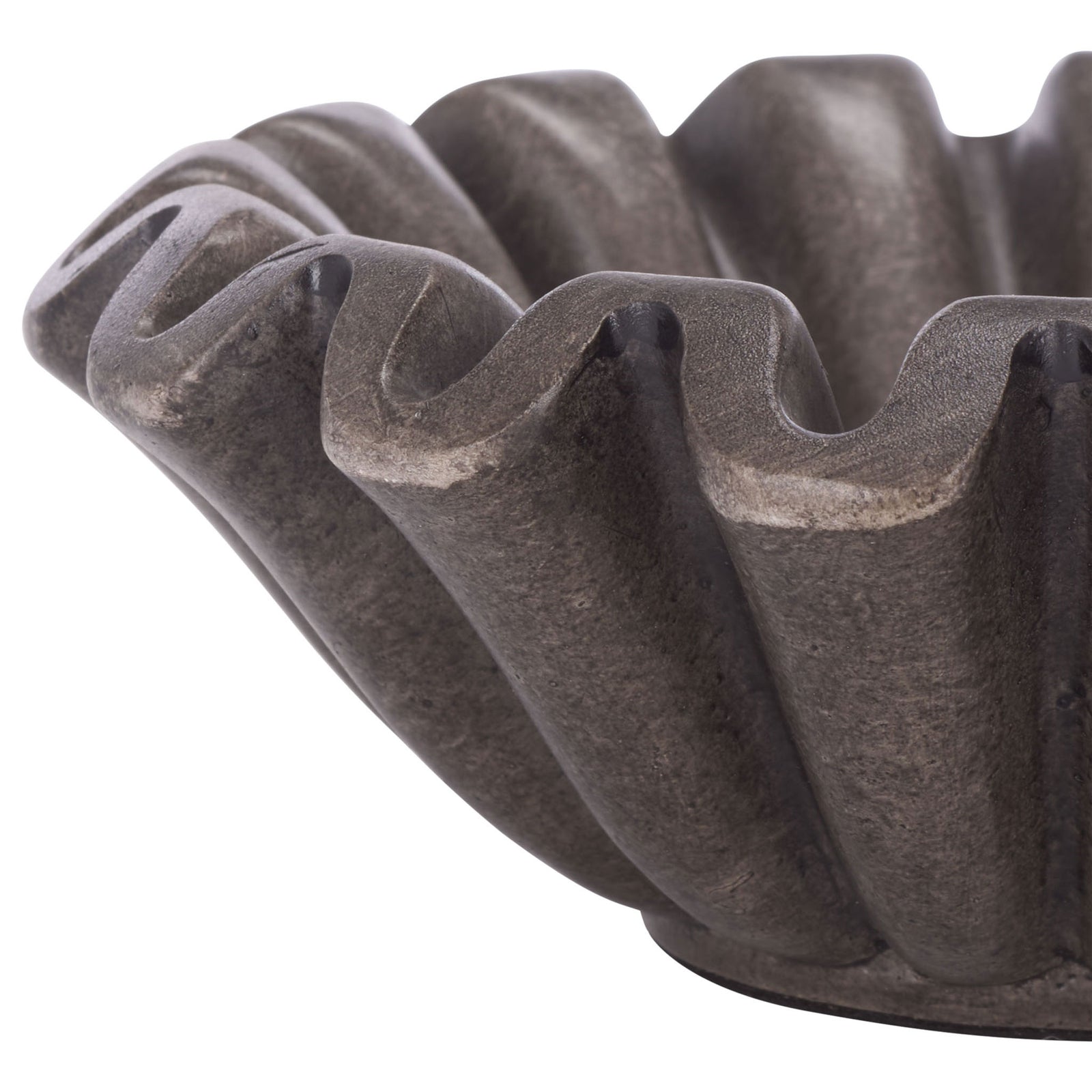 A charcoal resin bowl's undulating rim and deep pleats show its subtle, matte stone-like finish. || RDC4052B-SET2 || detail_studio