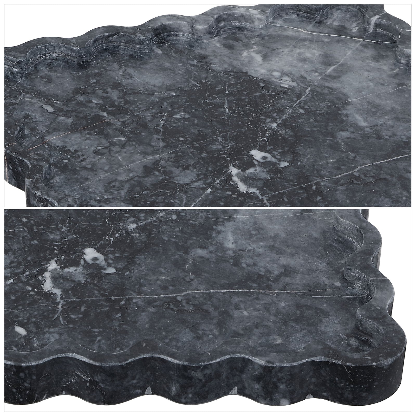 Charcoal marble displays white veining and a layered, scalloped rim. || RDC4054A || detail_studio