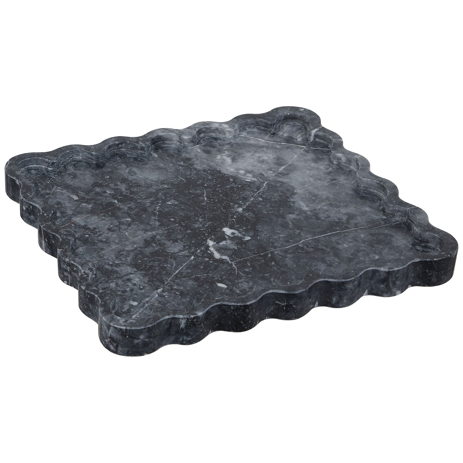 Dark marble gives this shallow tray a rich finish, while its rippling edge adds a sculptural touch. || RDC4054A || front_angle_studio