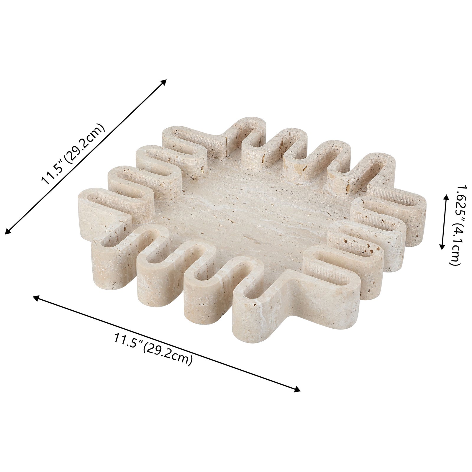 Sculpted travertine tray measures 11.5 inches square and 1.625 inches high. || RDC4055A || dimension_studio