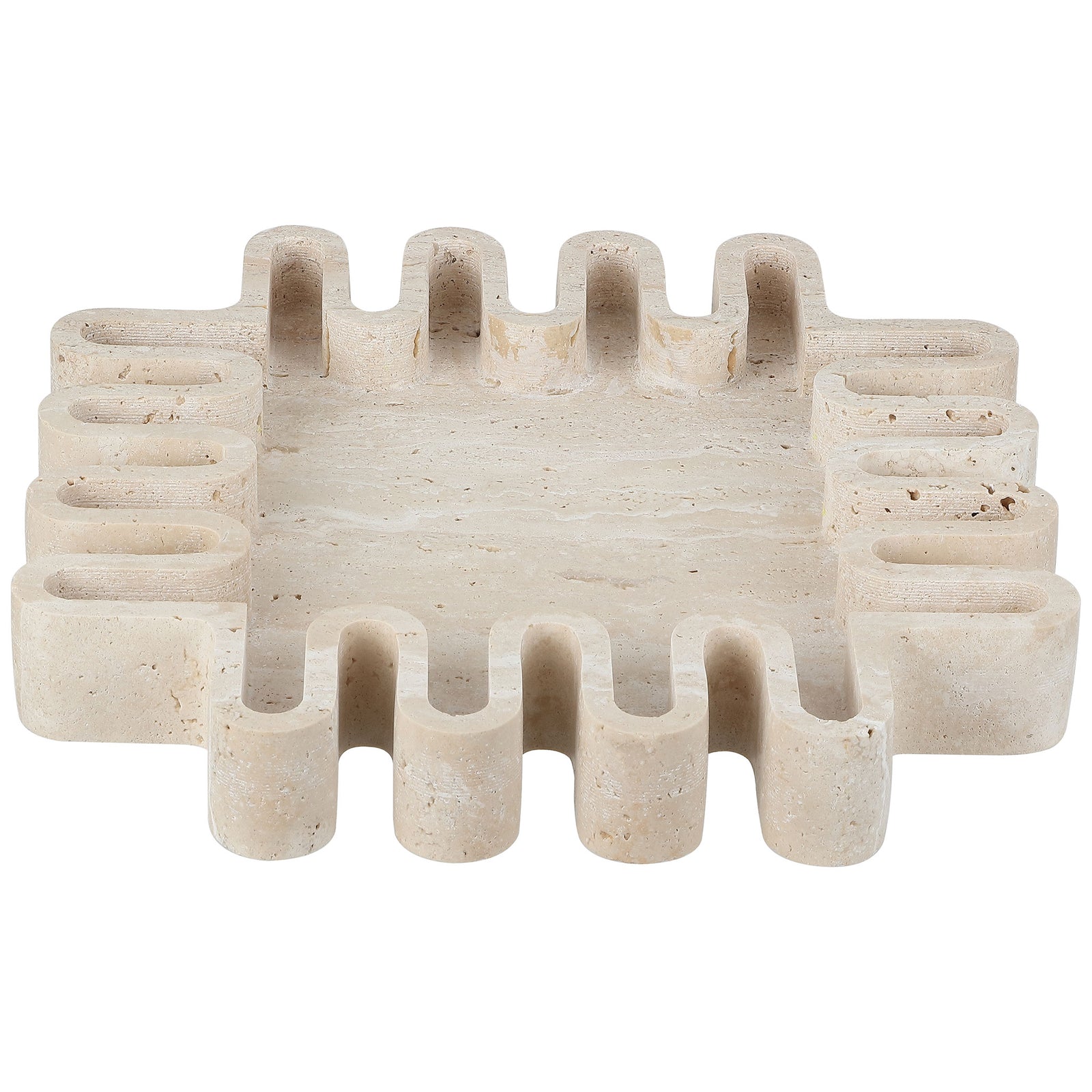 Tan travertine tray has a recessed square center and a border of evenly spaced rounded notches. || RDC4055A || front_studio