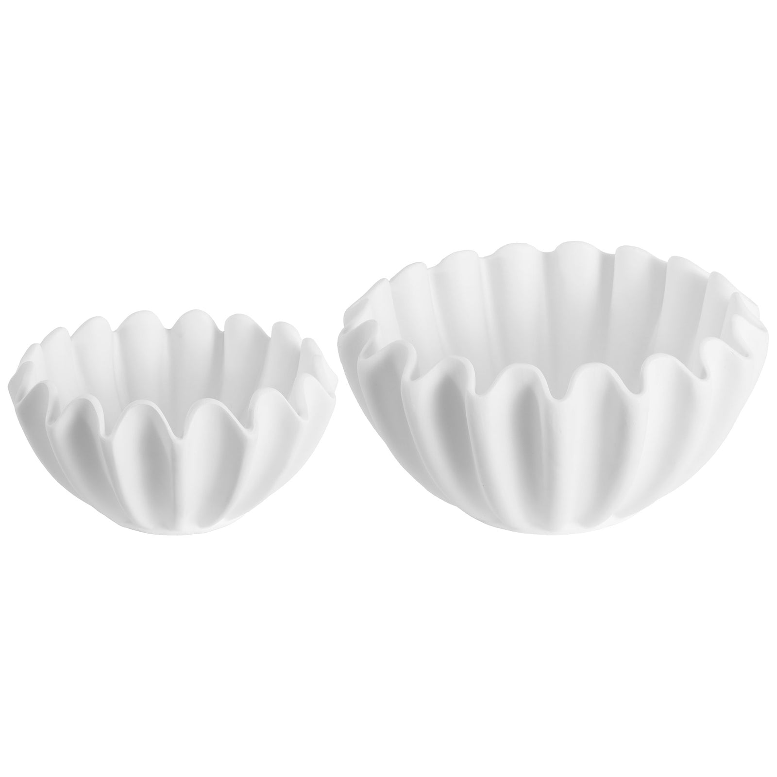 Two white decorative bowls of different sizes pair wavy rims with deep fluted sides. || RDC4056A-SET2 || front_studio