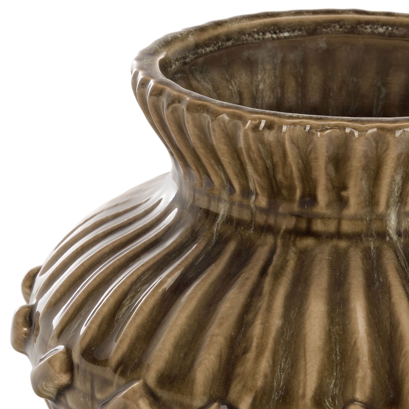 The taller brown vase has a flared rim and deep vertical fluting beneath its glossy reactive glaze. || RDC4058A-SET2 || detail_studio