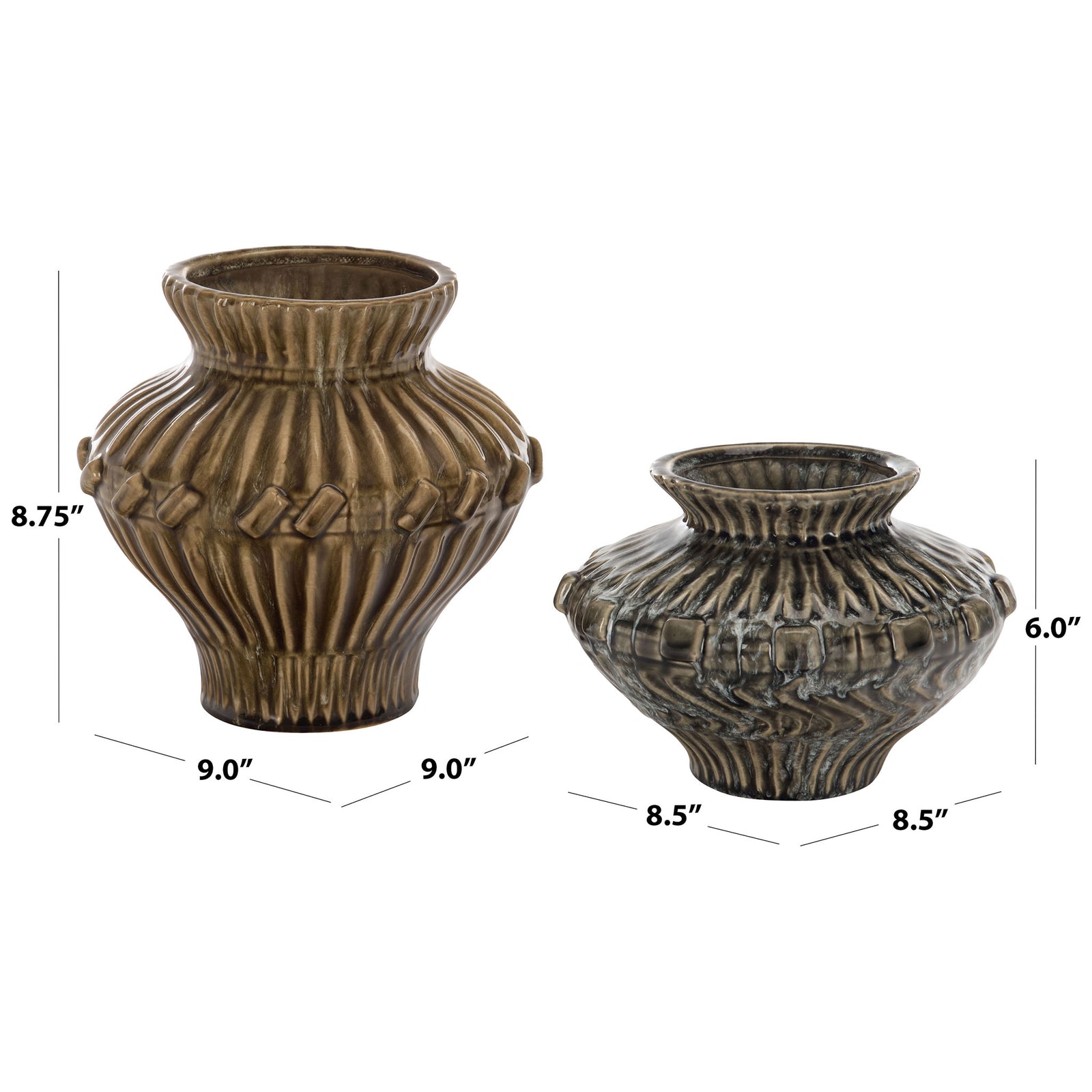 The larger vase measures 9 x 9 x 8.75 inches; the smaller measures 8.5 x 8.5 x 6 inches. || RDC4058A-SET2 || dimension_studio