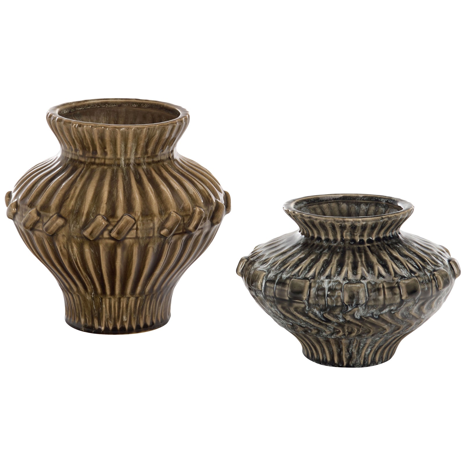 Two ceramic vases pair warm brown and blue-gray reactive glazes with ribbed profiles and raised geometric bands. || RDC4058A-SET2 || front_studio