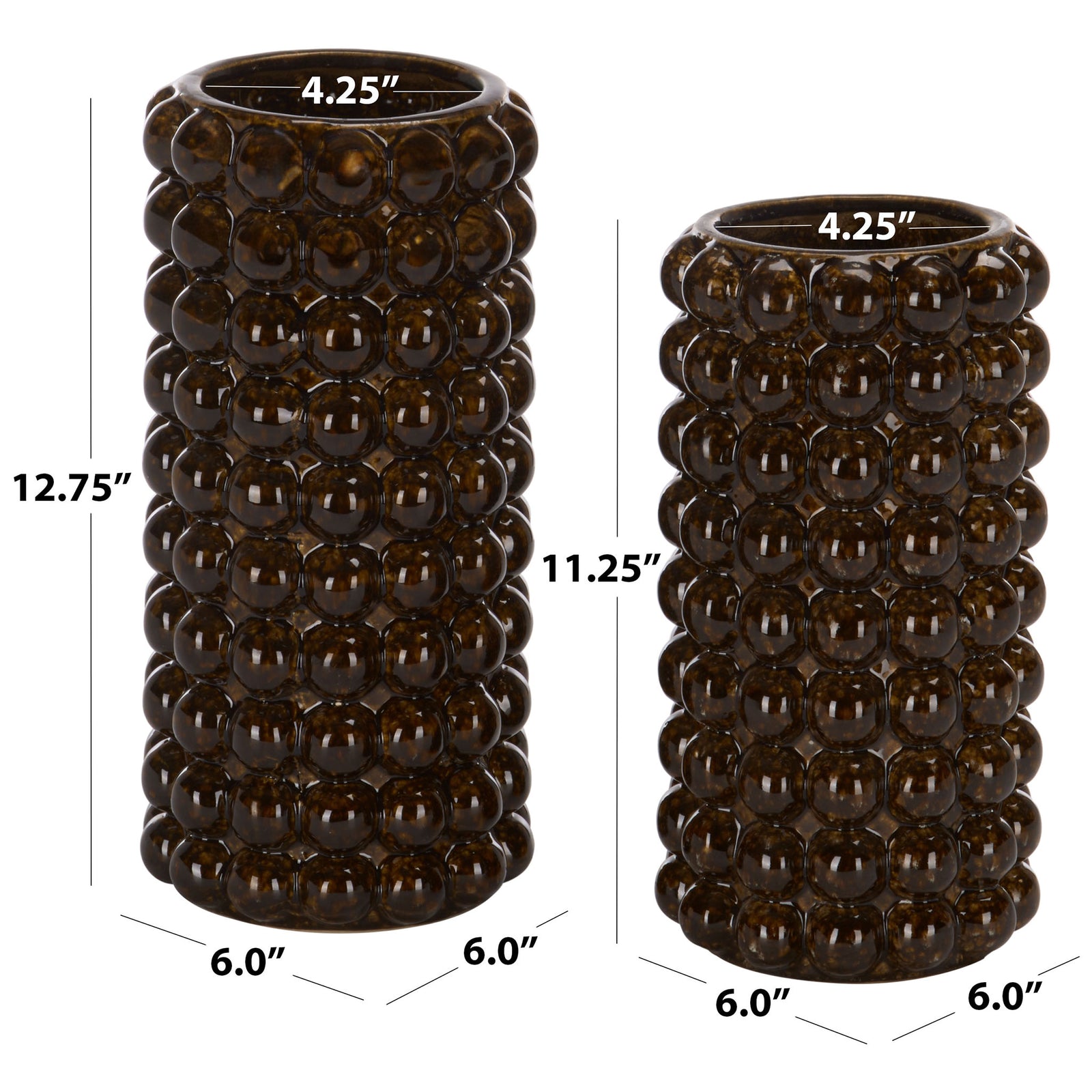 The beaded vases stand 12.75 and 11.25 inches tall, each with a 6-inch base and 4.25-inch opening. || RDC4061A-SET2 || dimension_studio
