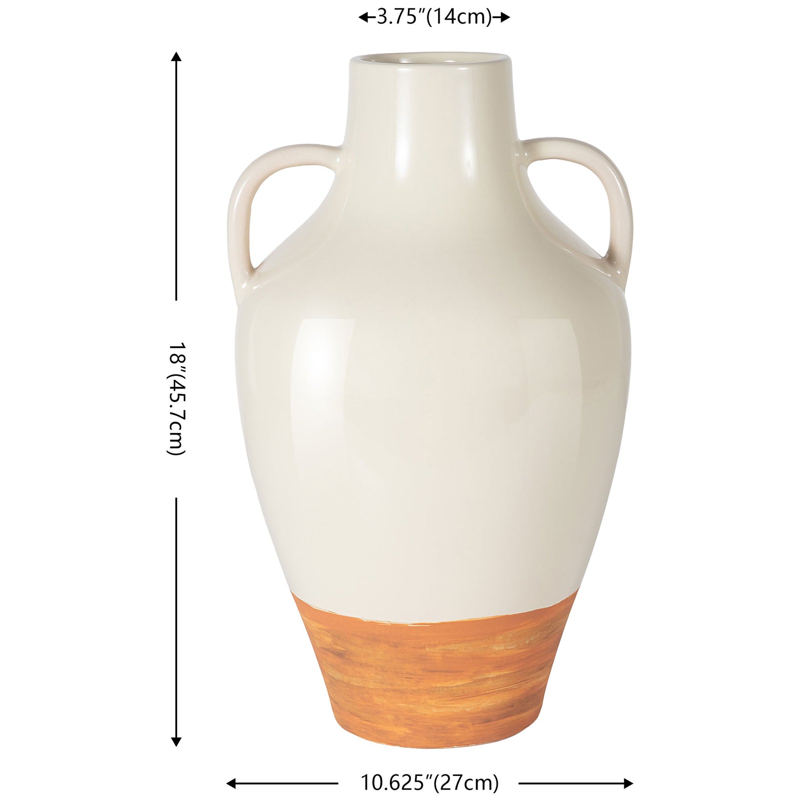 Nearly 18 inches tall, the ivory ceramic vase pairs twin loop handles with a light brown base. || RDC4062A || dimension_studio