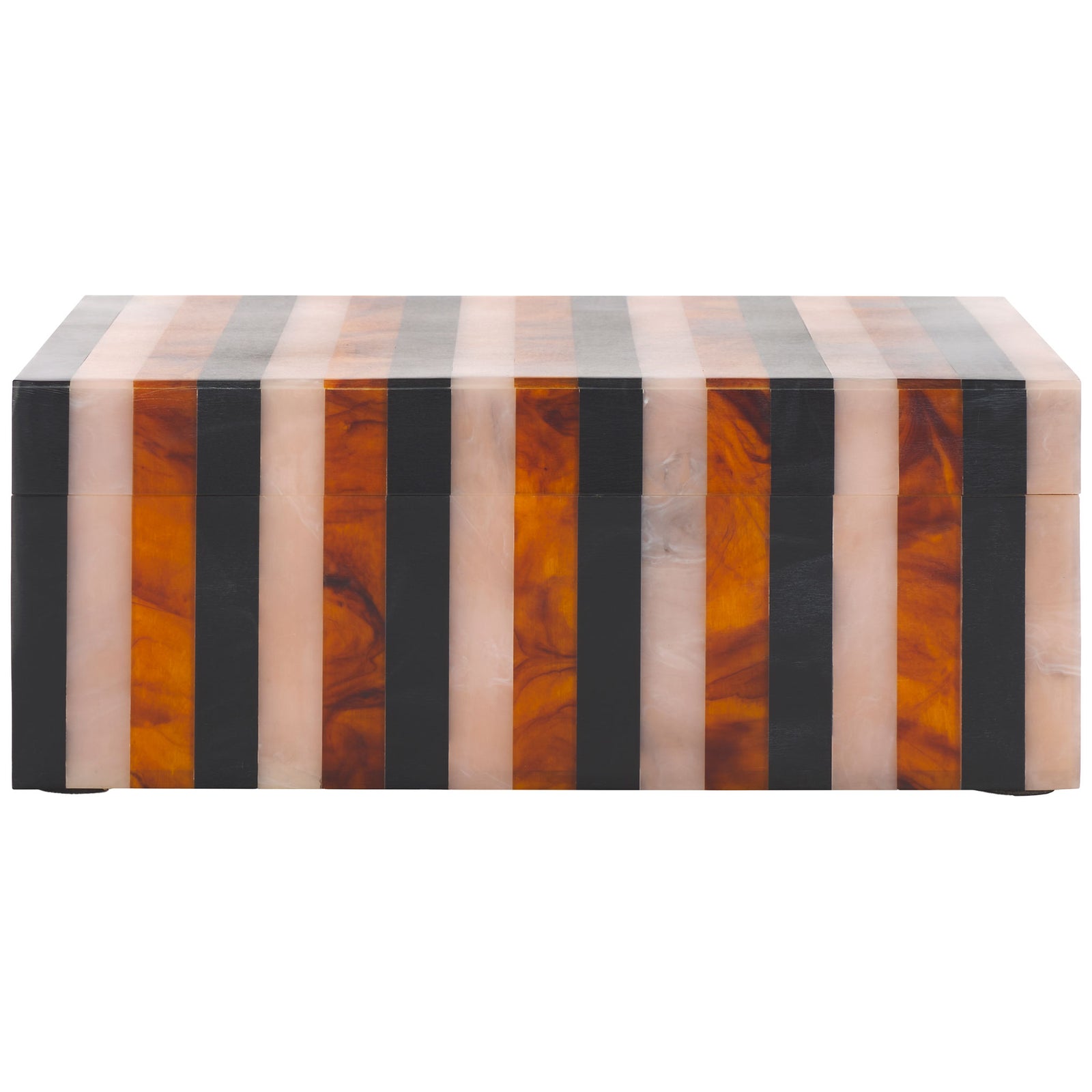 A wide lidded box features vertical black, pale blush and woodgrain-brown stripes || RDC5001A-SET2 || front_partial_studio