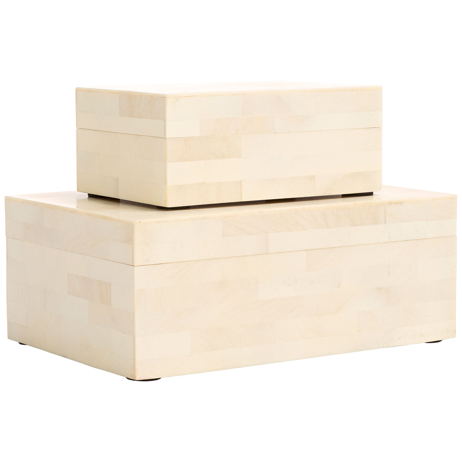 Two stacked ivory boxes combine smooth lids with a subtle, tiled faux-bone finish. || RDC5002A-SET2 || front_angle_studio