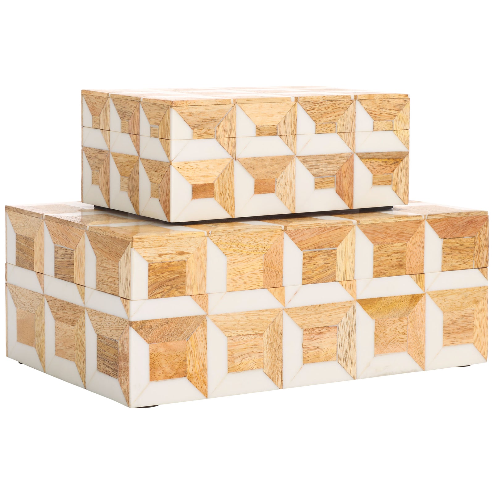Graduated decorative boxes bring a geometric blend of mango wood and ivory to a tabletop. || RDC5003A-SET2 || front_angle_studio