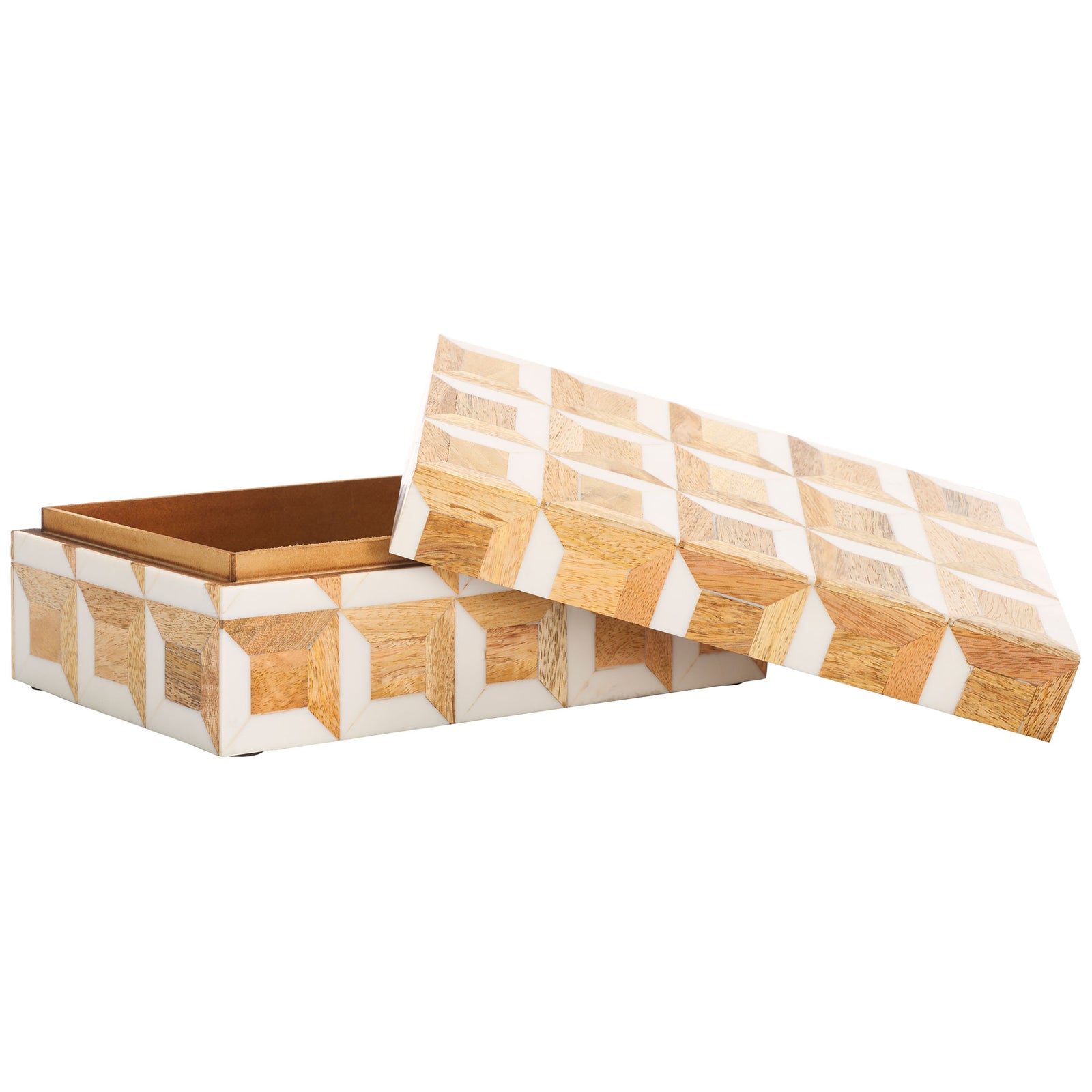 A removable patterned lid reveals the larger box's warm brown storage interior. || RDC5003A-SET2 || front_angle_partial_open_studio