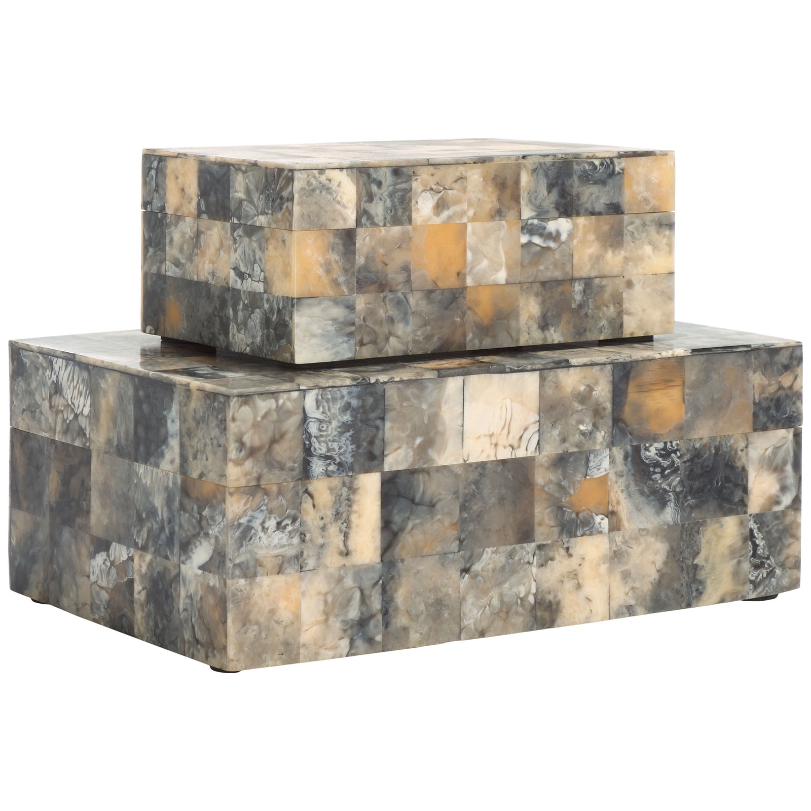 Two sizes of polished mosaic boxes layer smoky neutrals with touches of honey brown. || RDC5004A-SET2 || front_angle_studio