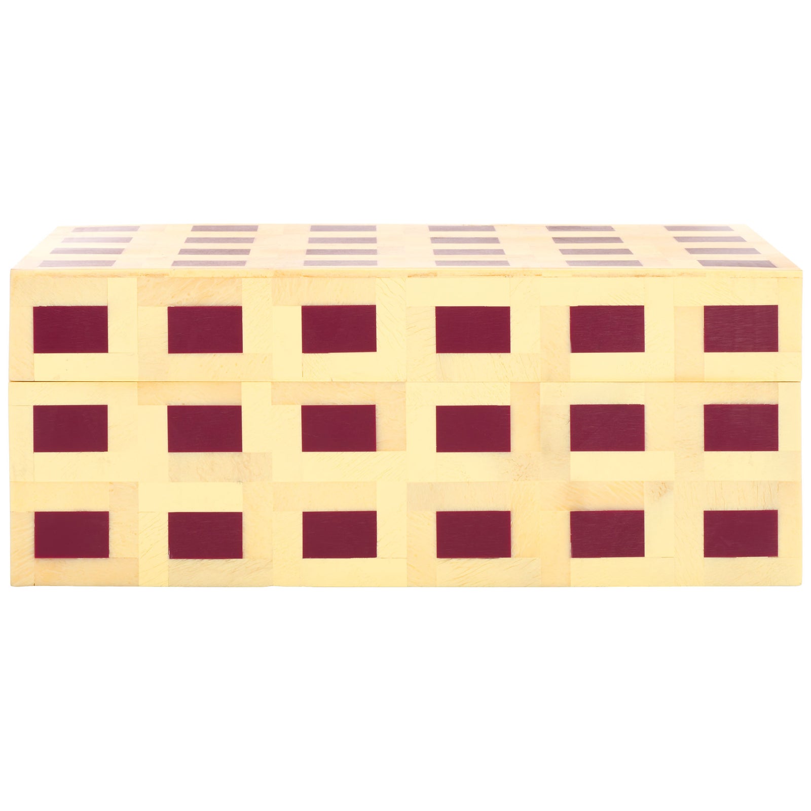 The larger lidded box features three rows of burgundy squares in a pale yellow grid || RDC5005A-SET2 || front_partial_studio
