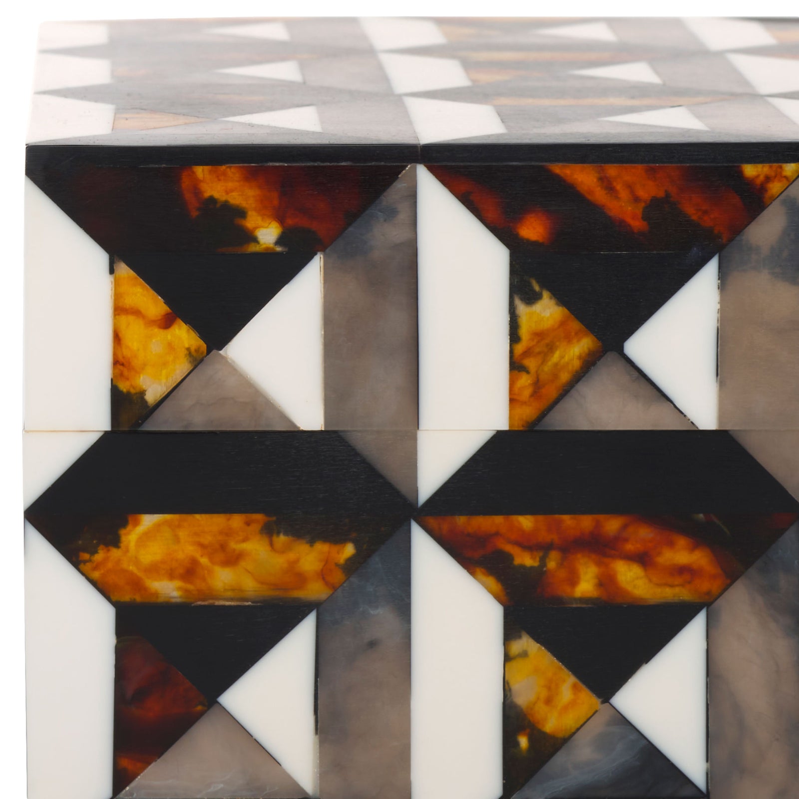 Ivory triangles and amber marbling form a rich geometric inlay across the box lid and sides || RDC5006A-SET2 || detail_studio