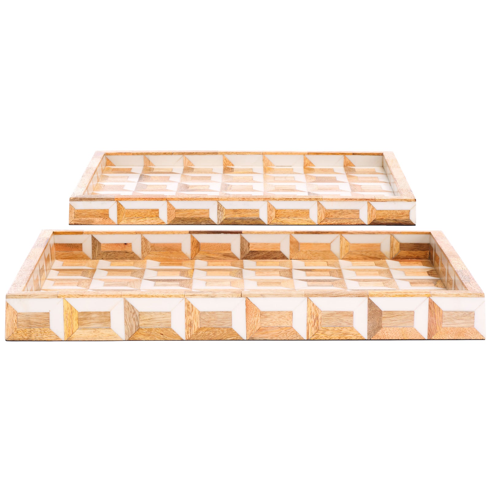 Two nesting trays combine warm wood grain and antique ivory in a repeating geometric design. || RDC5010A-SET2 || front_studio