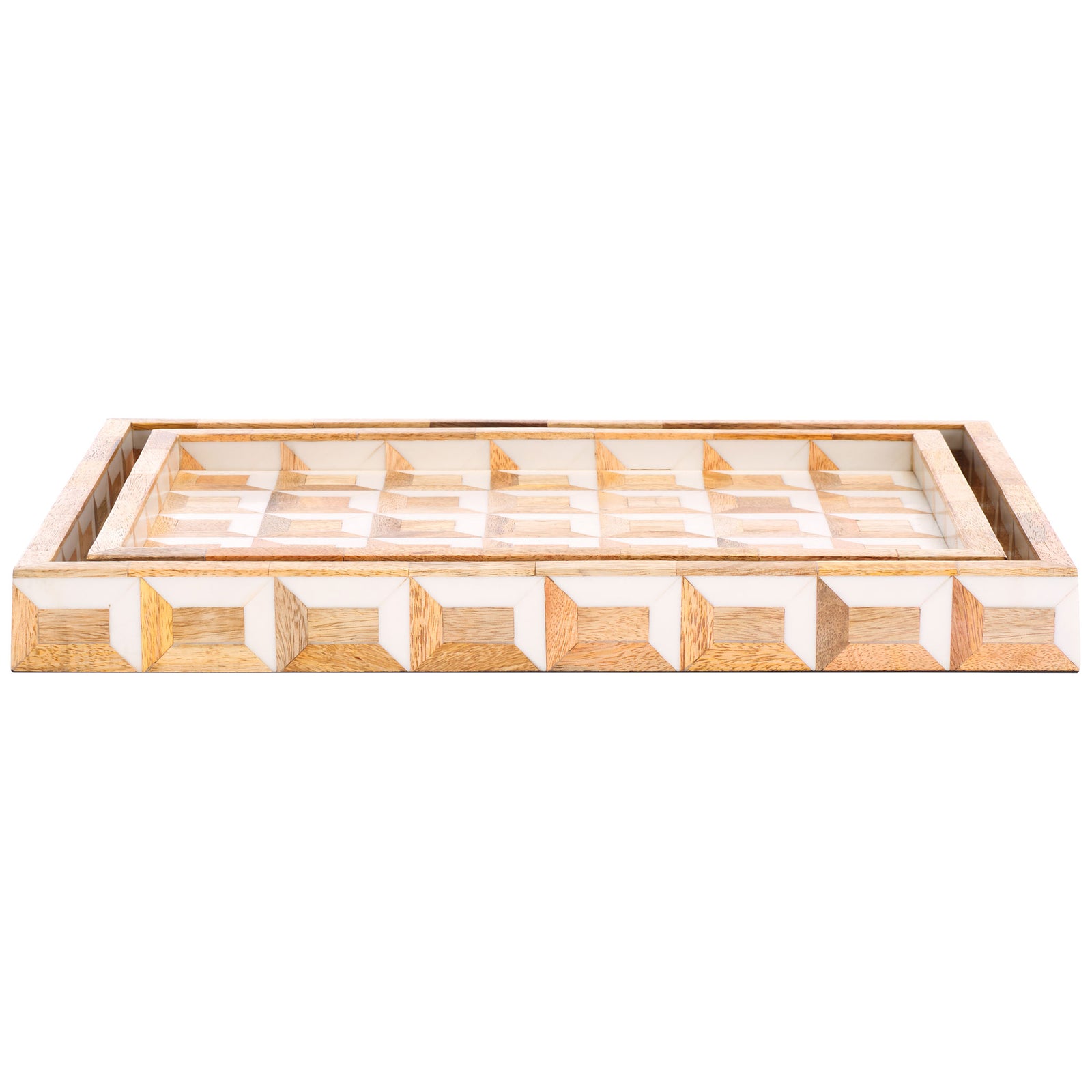 The larger rectangular tray pairs a shallow interior with a patterned wood-and-ivory rim. || RDC5010A-SET2 || front_studio