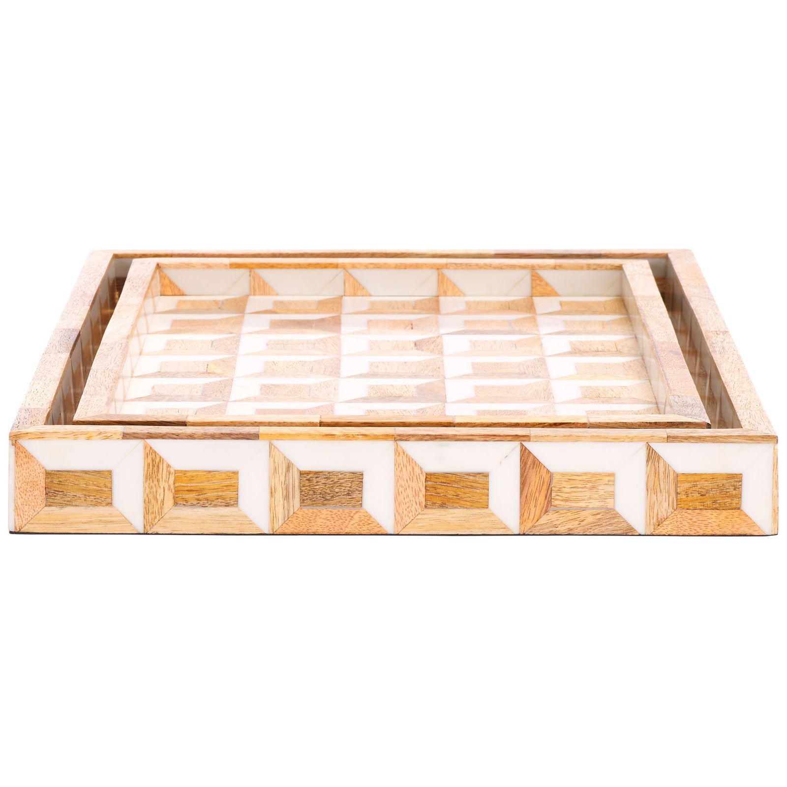 The smaller tray has a shallow basin accented with repeating natural wood and ivory shapes. || RDC5010A-SET2 || side_studio