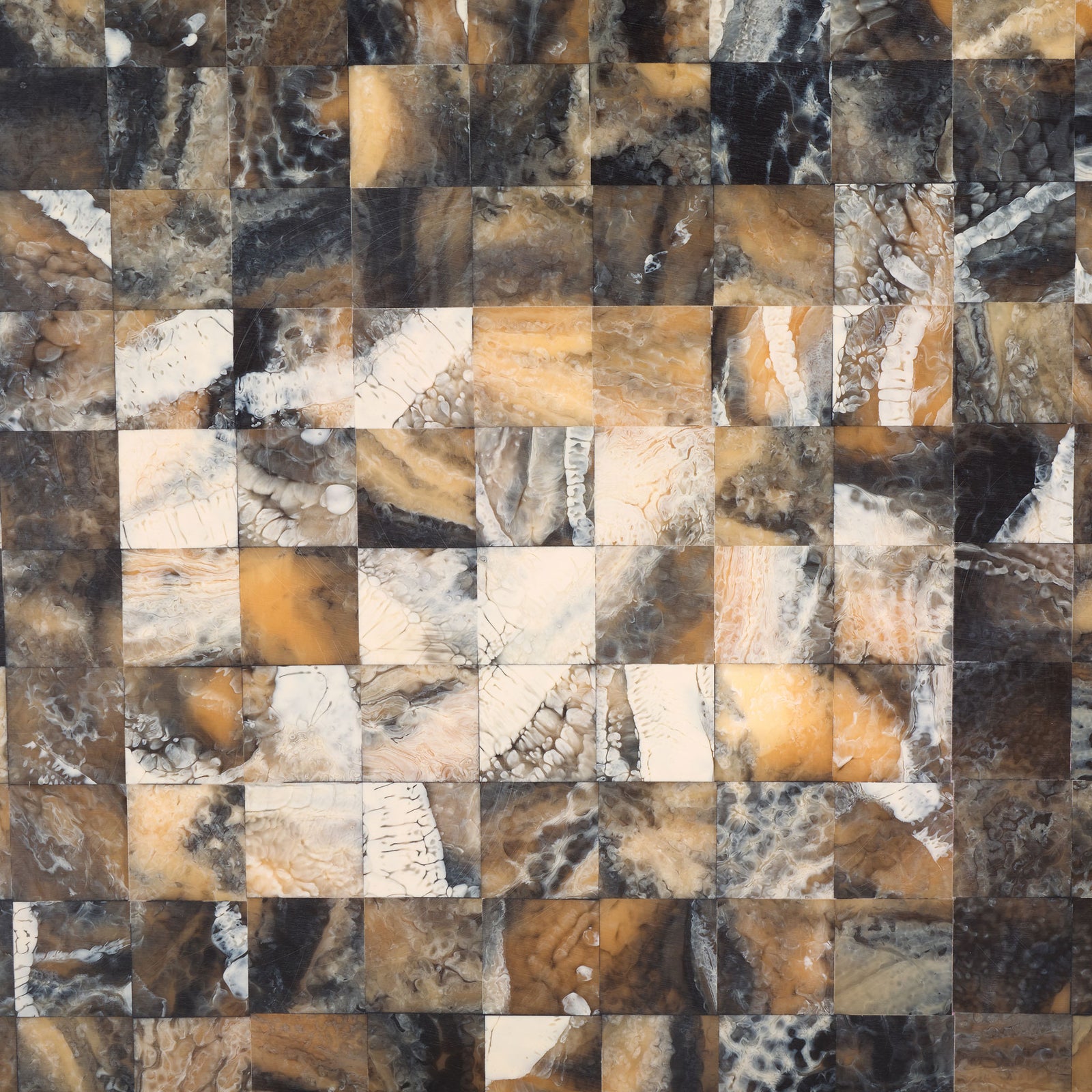 Small marbled squares mix deep charcoal, warm amber, gray, and ivory in a polished mosaic. || RDC5011A-SET2 || swatch_studio