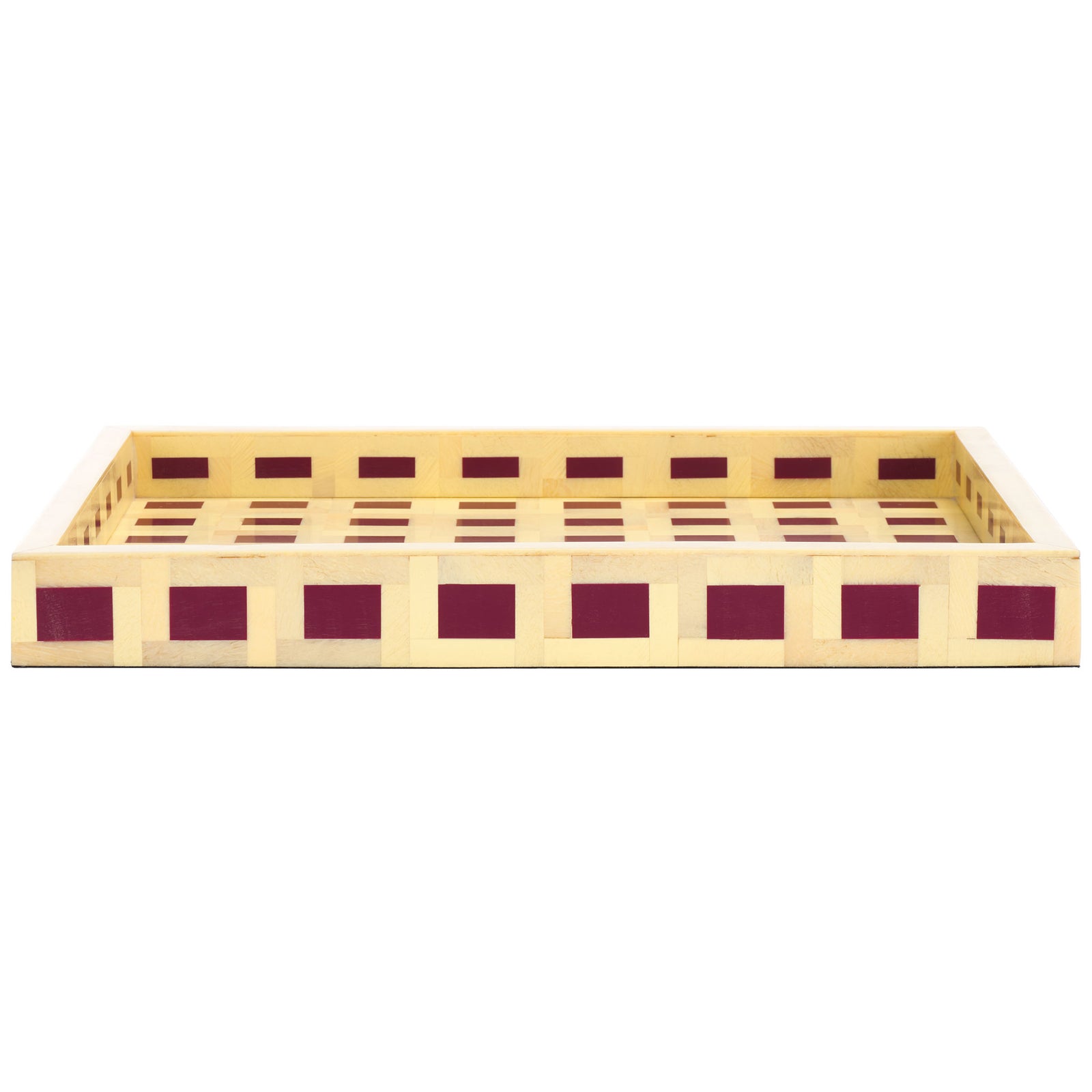 A rectangular tray has a low raised edge and repeating burgundy squares across its pale yellow base || RDC5012A || front_studio