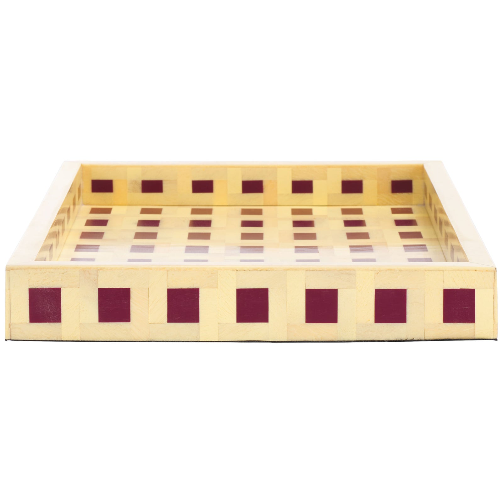 A broad rectangular interior brings a geometric burgundy grid to the shallow serving tray || RDC5012A || side_studio