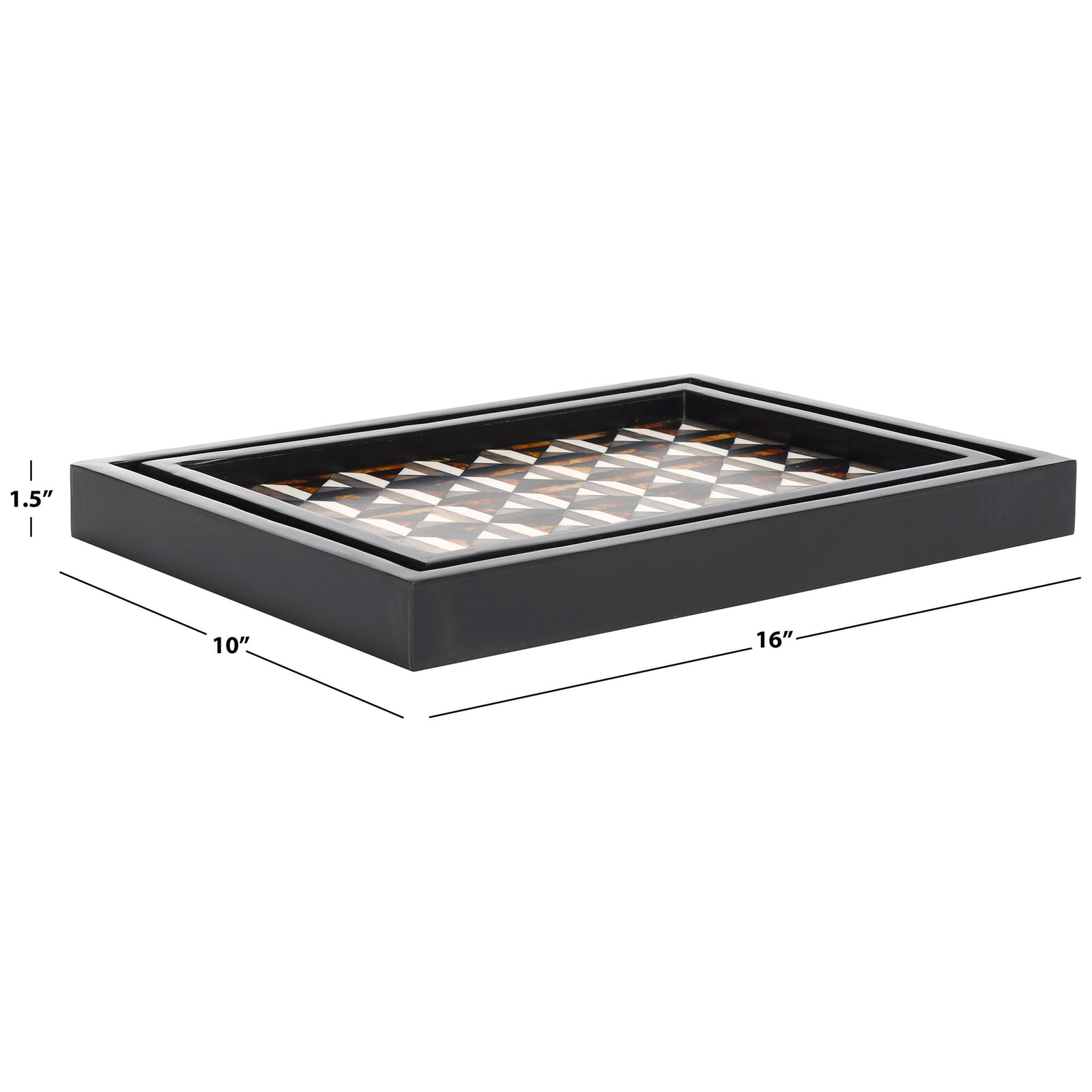 A 16-inch-long tray combines a low black rim with intricate ivory and amber geometric inlay || RDC5013A-SET2 || dimension_studio