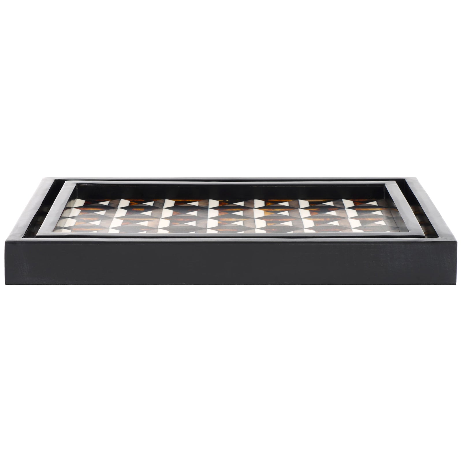 Nestable trays combine dark raised edges with intricate ivory and warm amber motifs || RDC5013A-SET2 || front_studio