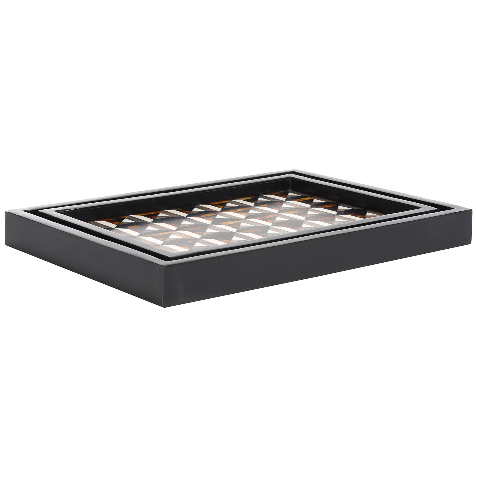 Nested rectangular trays pair sleek black rims with a mosaic of ivory and marbled amber || RDC5013A-SET2 || front_angle_studio